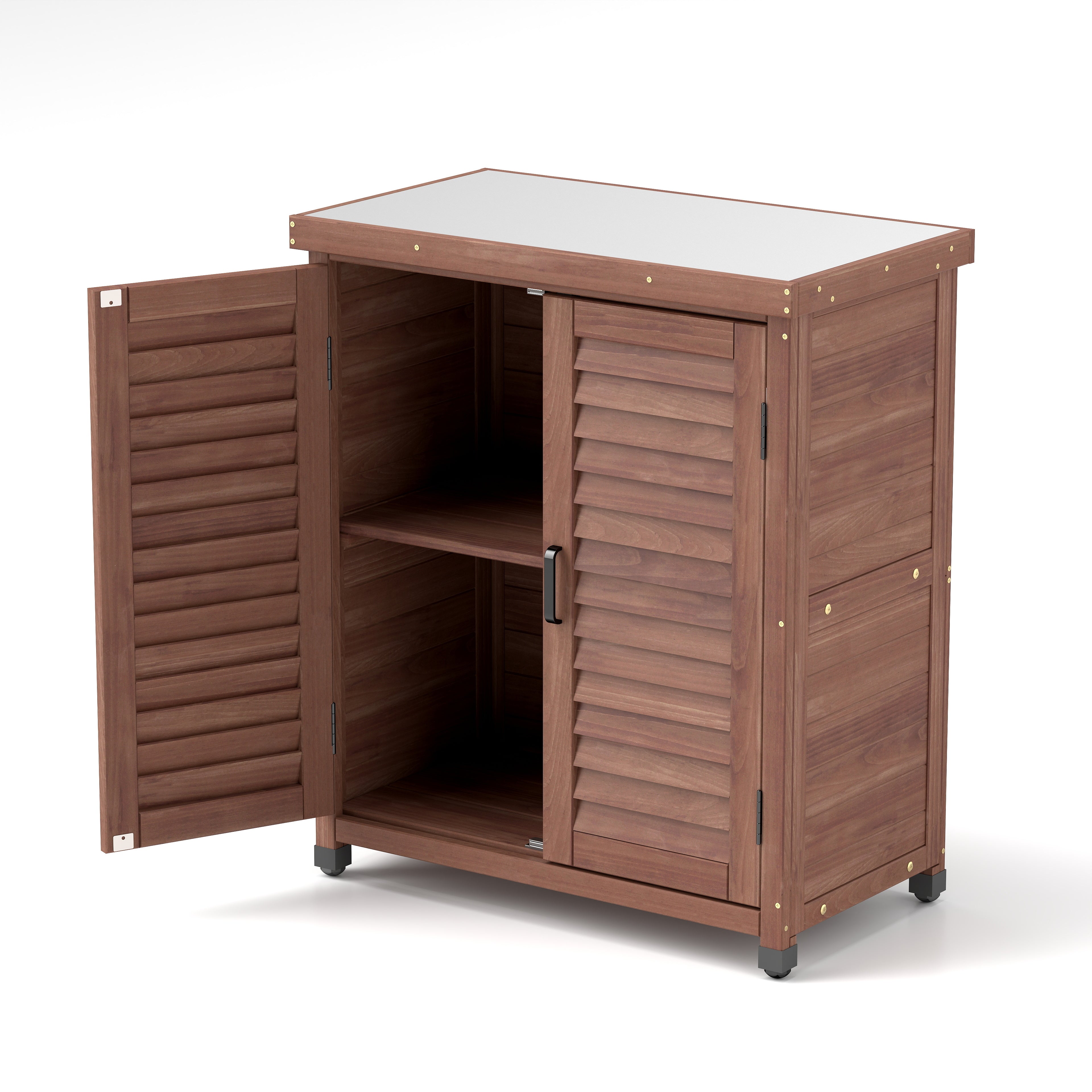 Potting Bench with Storage Cabinet and Metal Table Top for Outdoor Patio, Garden Furniture Wood Workstation Coffee 31.5x17x36''