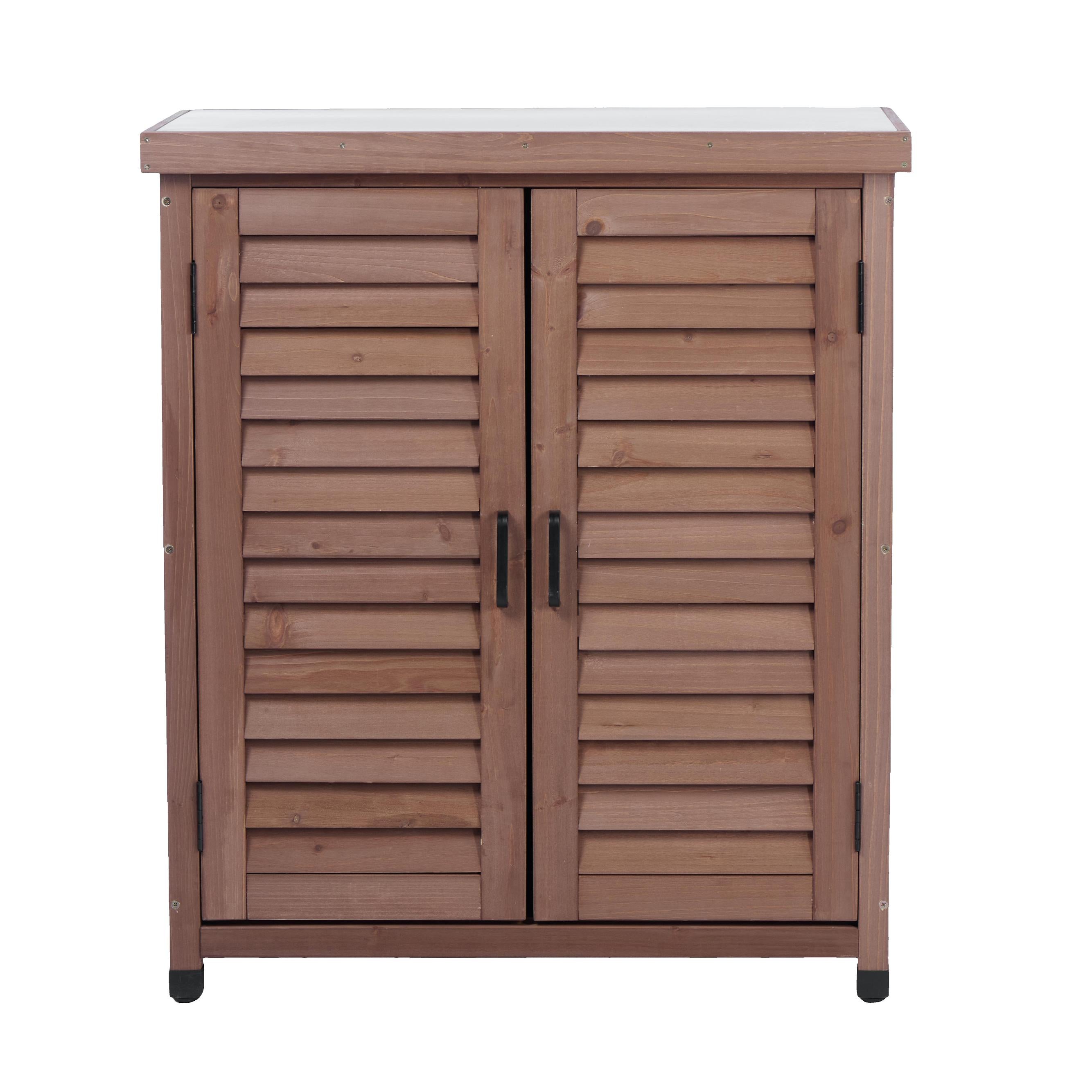Potting Bench with Storage Cabinet and Metal Table Top for Outdoor Patio, Garden Furniture Wood Workstation Coffee 31.5x17x36''