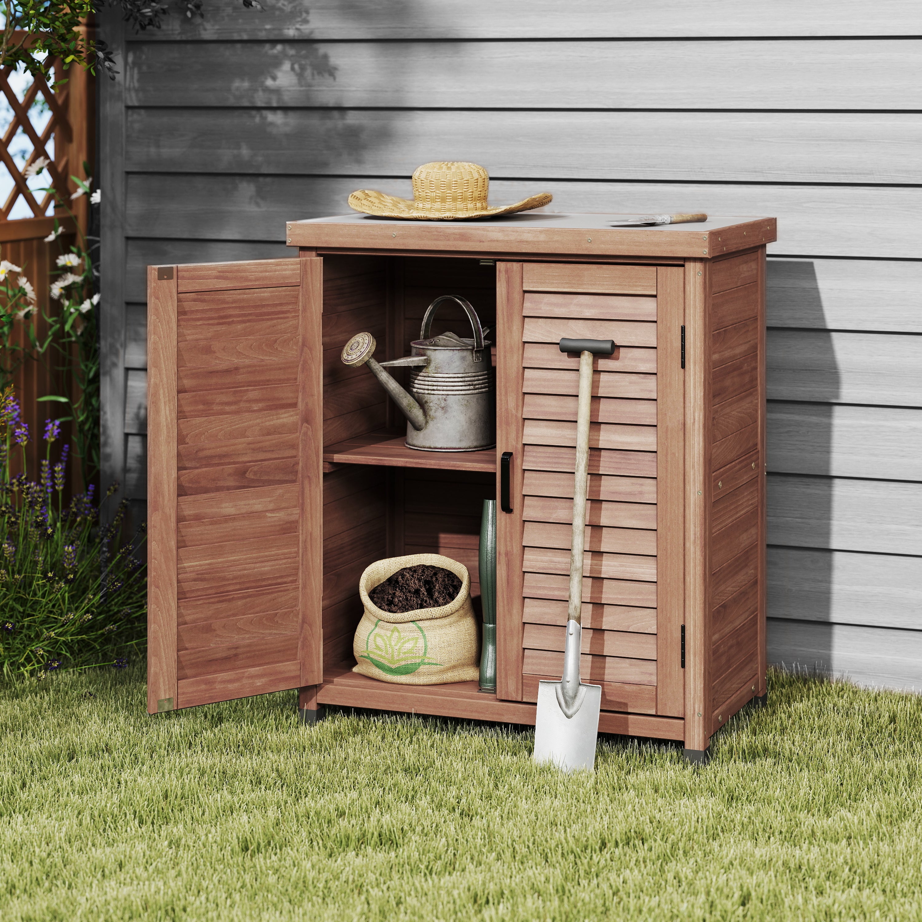 Potting Bench with Storage Cabinet and Metal Table Top for Outdoor Patio, Garden Furniture Wood Workstation Coffee 31.5x17x36''