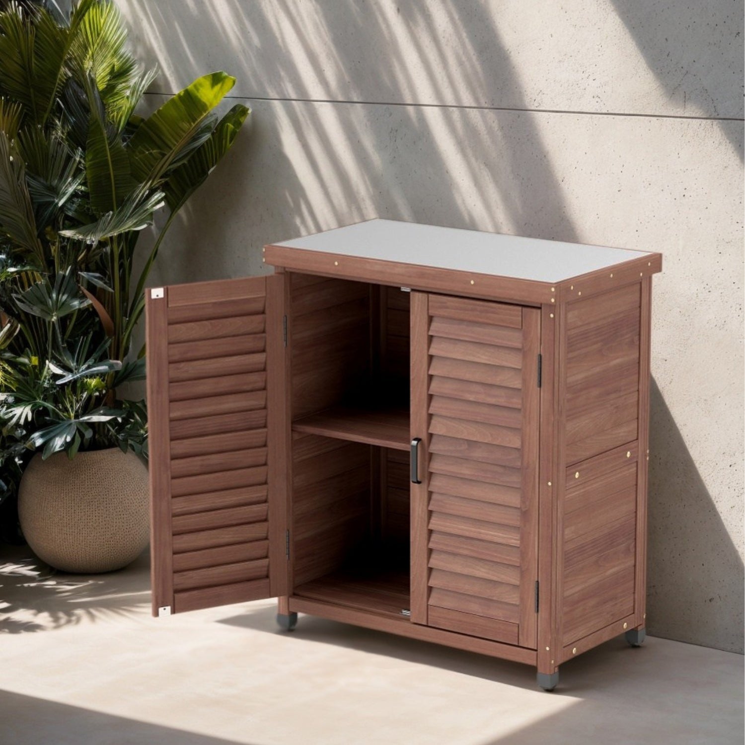 Potting Bench with Storage Cabinet and Metal Table Top for Outdoor Patio, Garden Furniture Wood Workstation Coffee 31.5x17x36''