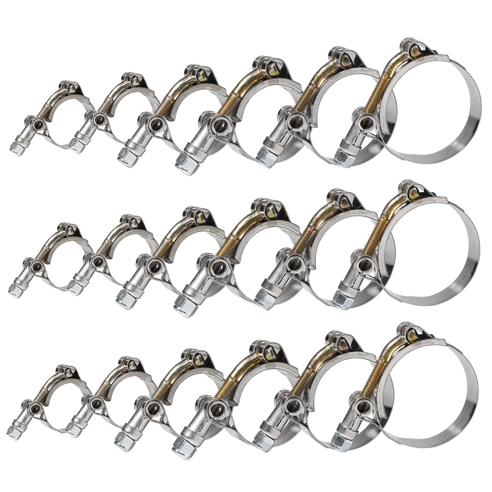 18 Pcs 6 Sizes Goobetter T-Bolt Hose Clamps Stainless Steel, Turbo Intake Intercooler Clamps Assortment, 28-64mm Adjustable T-Bolt Heavy Duty Hose Clamp for Radiator, Automotive, Washing Machine