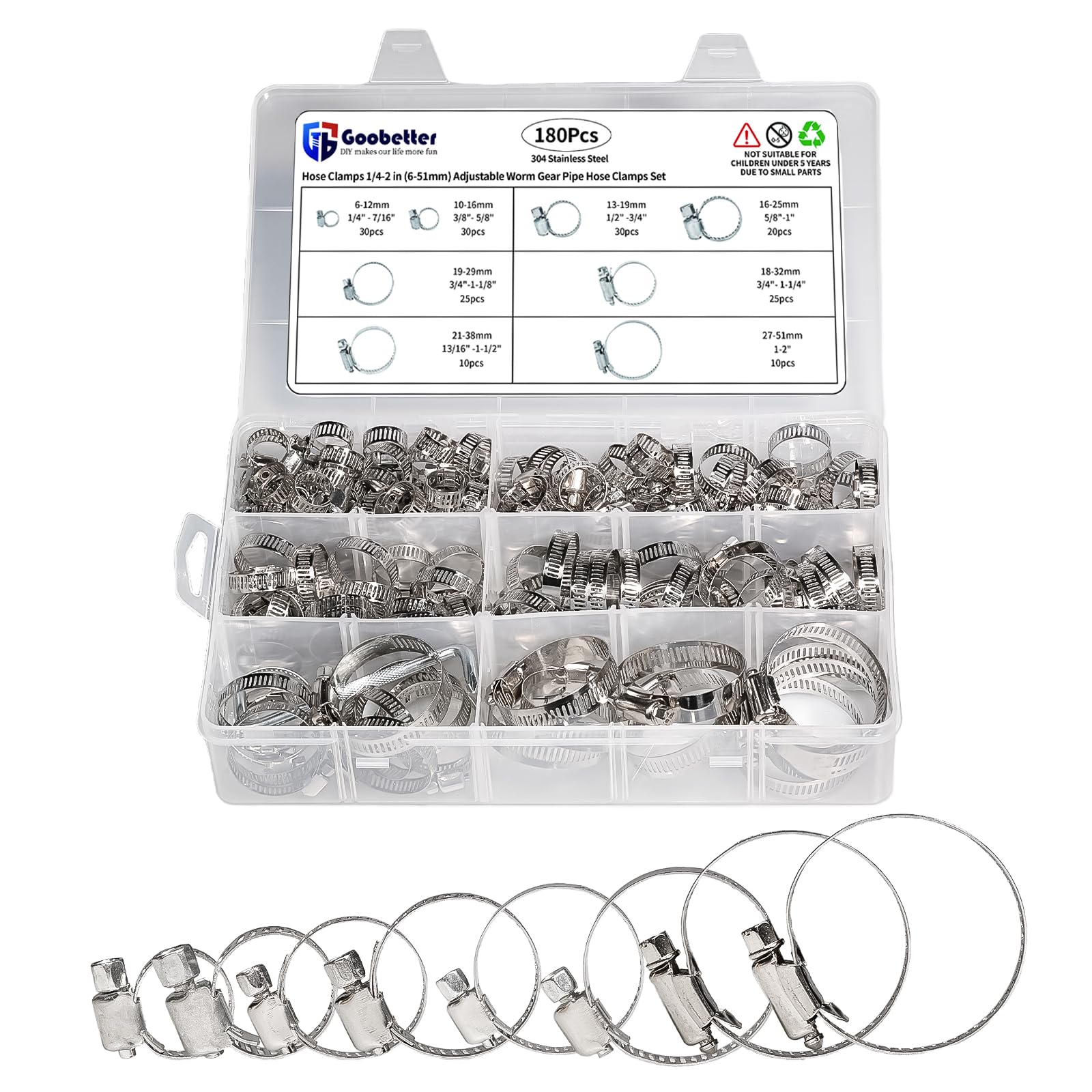 180 Pcs Hose Clamps Stainless Steel, Small Hose Clamps Assortment, 1/4-2 in (6-51mm) Adjustable Worm Gear Hose Clamps Heavy Duty for Plumbing, Dishwasher, Automotive, Washing Machine