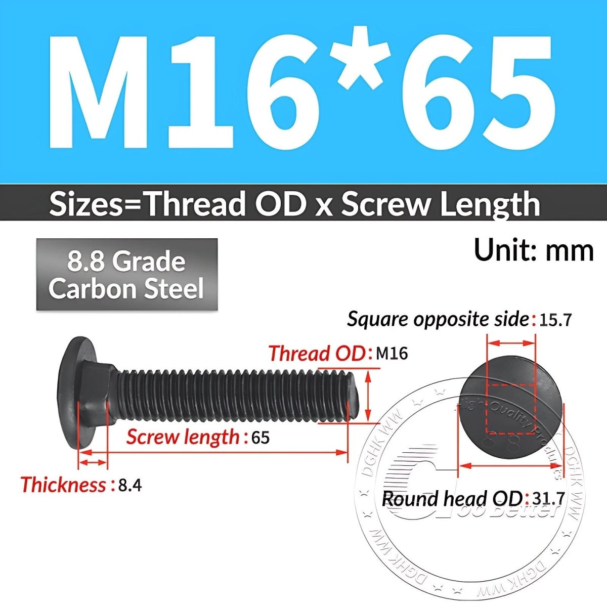 Black 8.8 Grade Steel Carriage Bolts | Cup Square Dome Head | M6–M24 - HomeDIYer