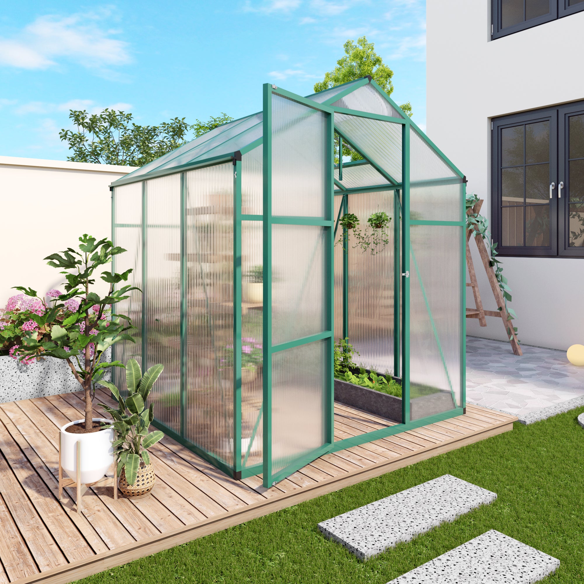 6ft x 6ft Heavy‑Duty Aluminum Walk‑In Greenhouse — Wind‑Resistant Polycarbonate Panels with Raised Base & Drainage System Green