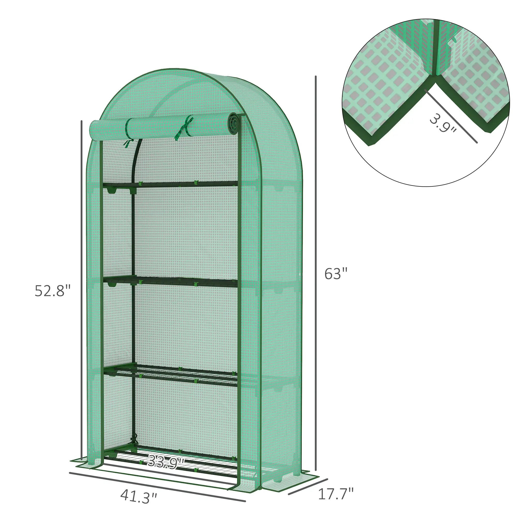Lean‑to Portable Greenhouse with Four Shelves — Roll‑Up Door Steel Frame HDPE Cover Green