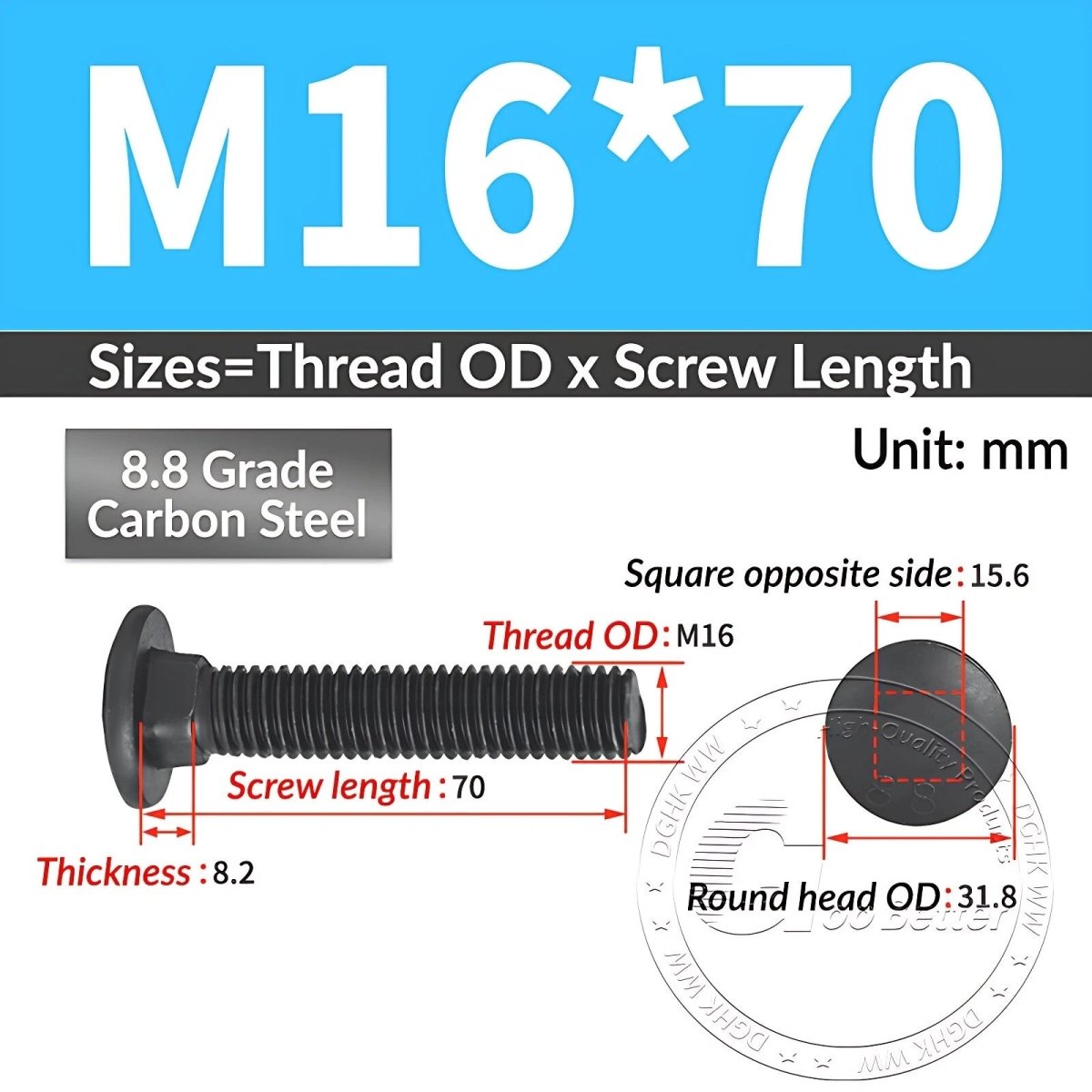 Black 8.8 Grade Steel Carriage Bolts | Cup Square Dome Head | M6–M24 - HomeDIYer