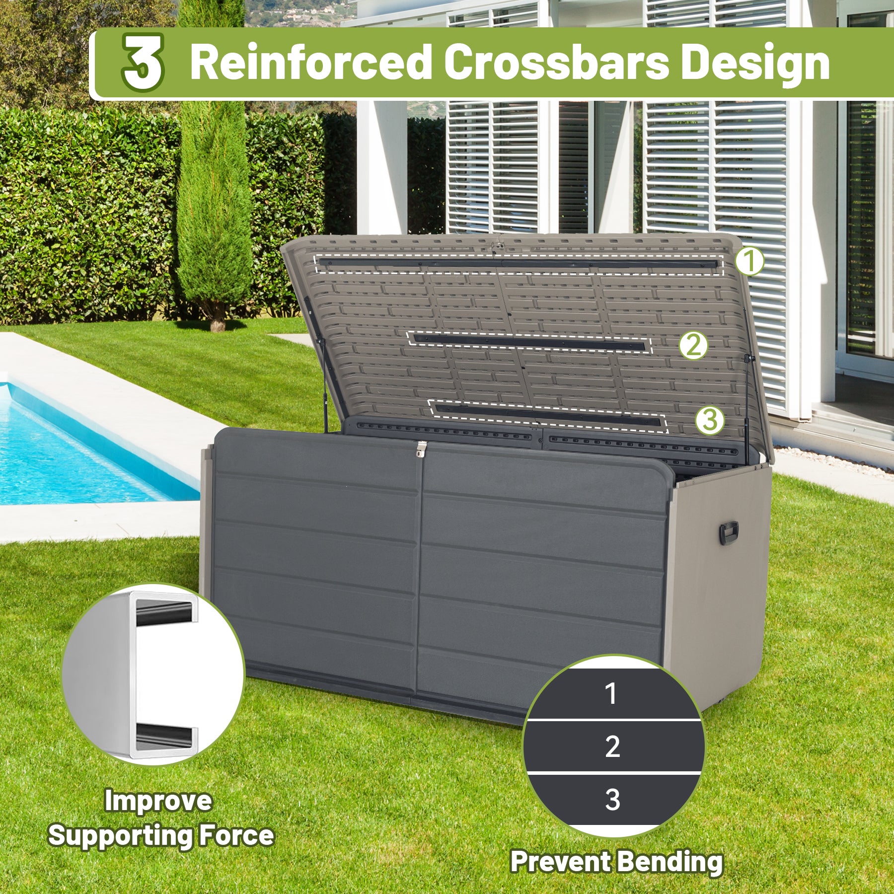 260 Gallon Plastic Deck Box — Extra‑Large Waterproof Outdoor Storage Bench with Wheels & Lock, Gray