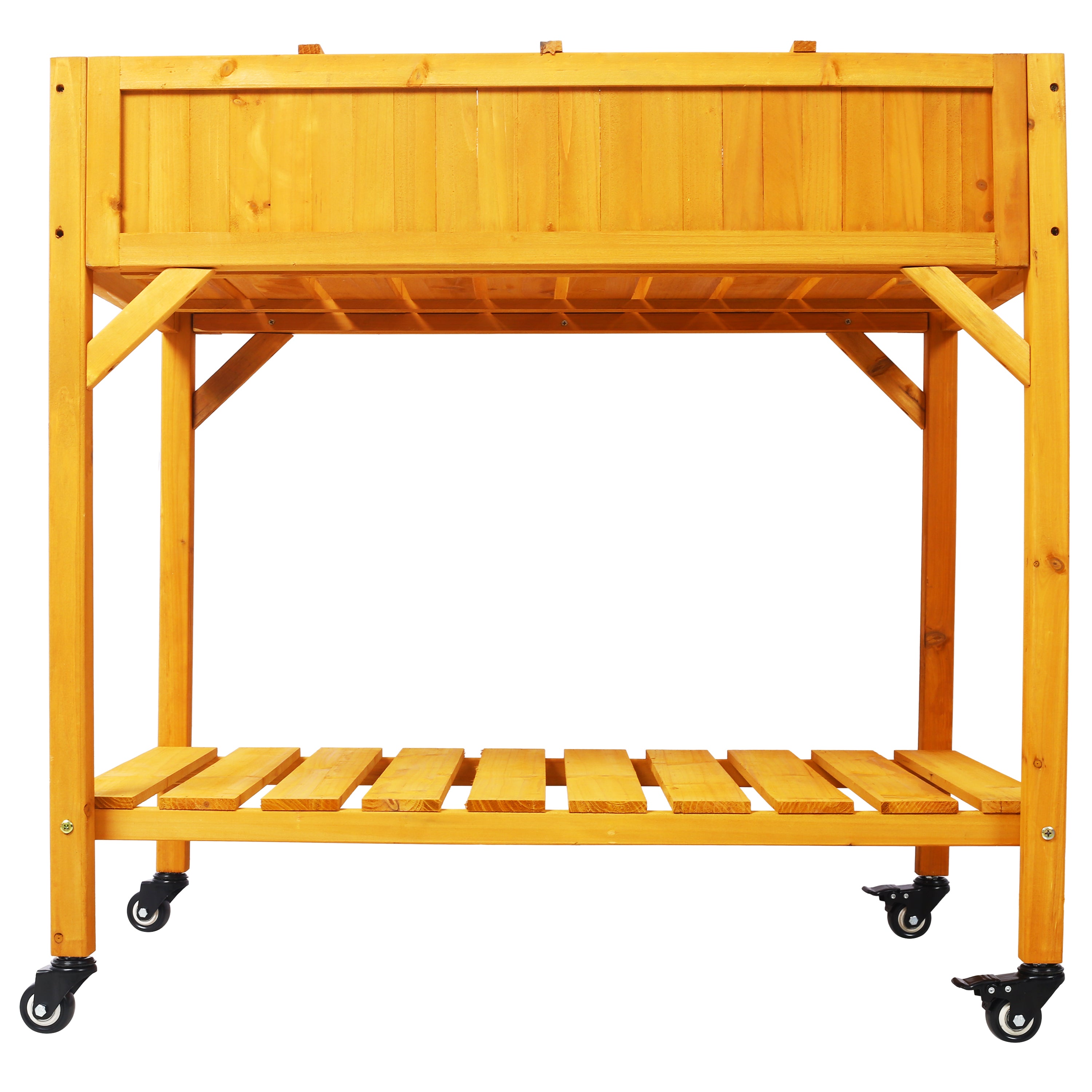 Elevated 8 Pocket Herb Garden Bed – Mobile Wood Planter with Lockable Wheels & Storage Shelf