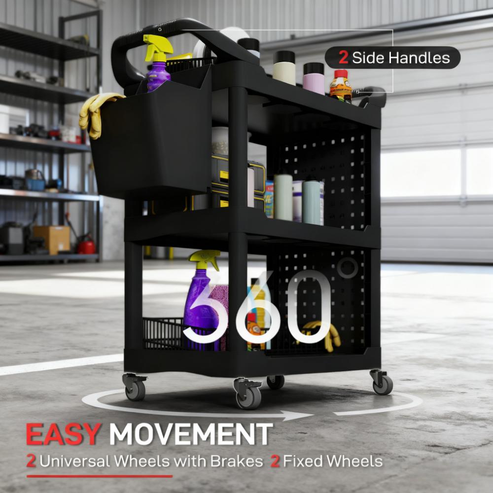 Capacity Plastic Utility Cart with Side Shelf and Storage Bucket,3-Tier Rolling Tool Cart