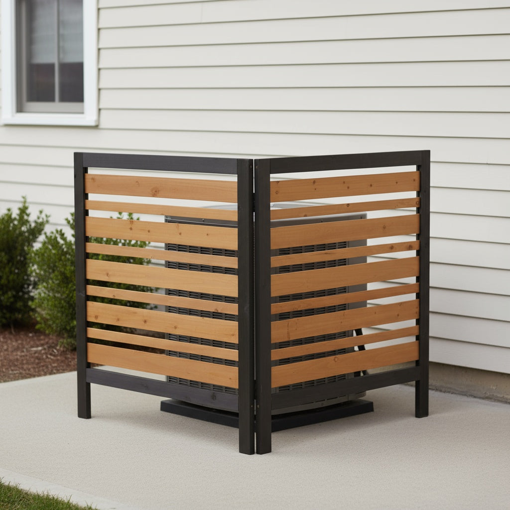 2‑Panel Solid Wood Outdoor Privacy Screen — 38" W x 42" H, Black & Gold, AC Fence & Trash Can Enclosure