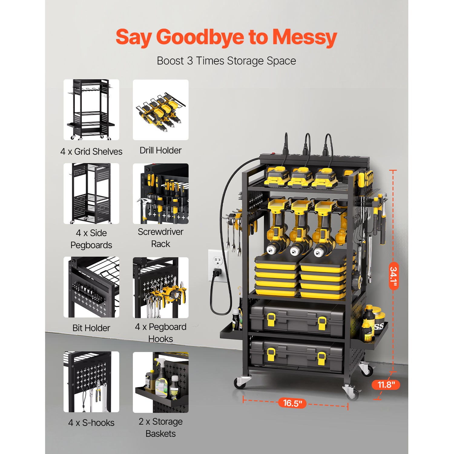 5-tier Tool Organizer Cart with Charging Station Garage Cart on Wheels