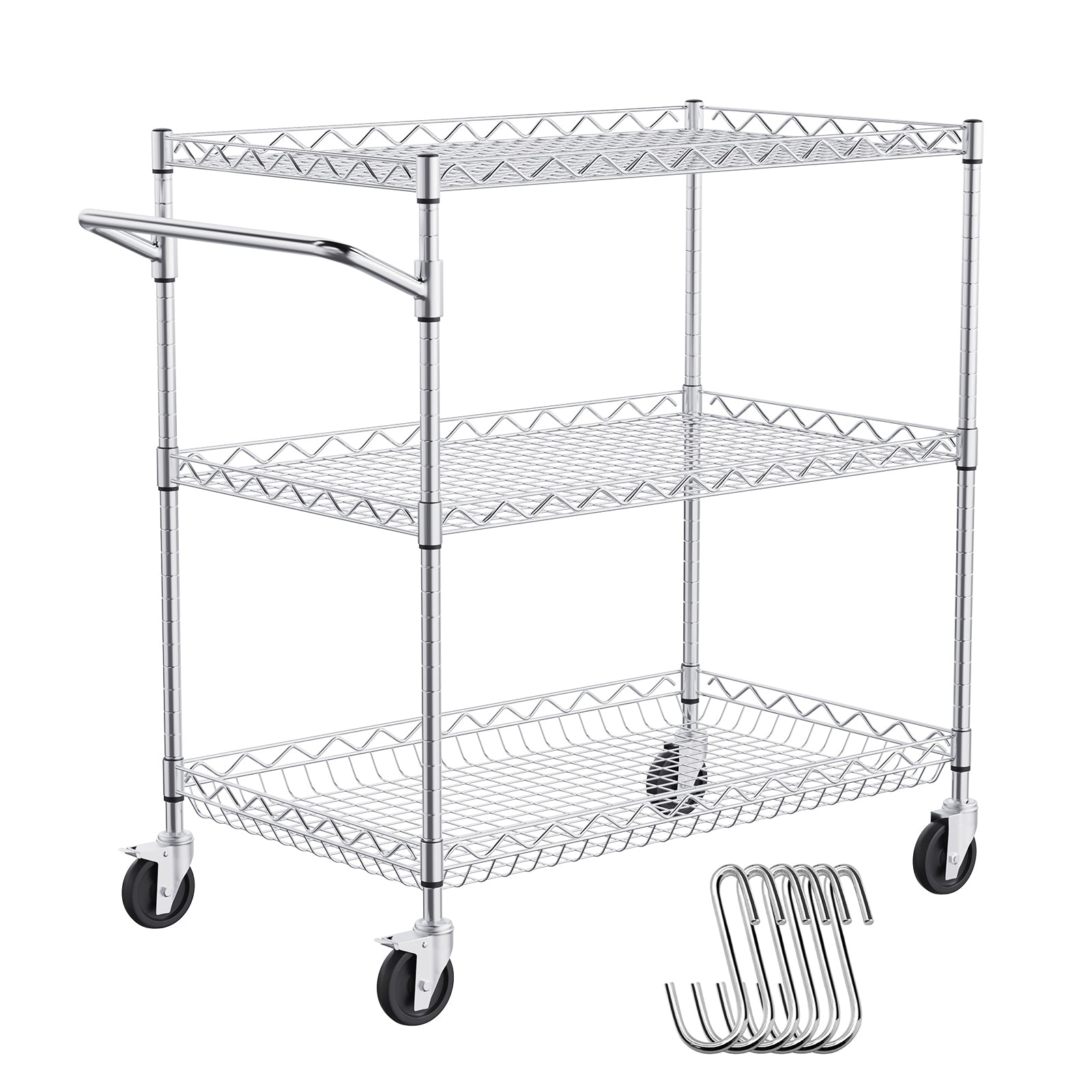 3-Tier Utility Cart Rolling Cart on Wheels 30"x18"x32.4" 661 LBS 6 Hooks