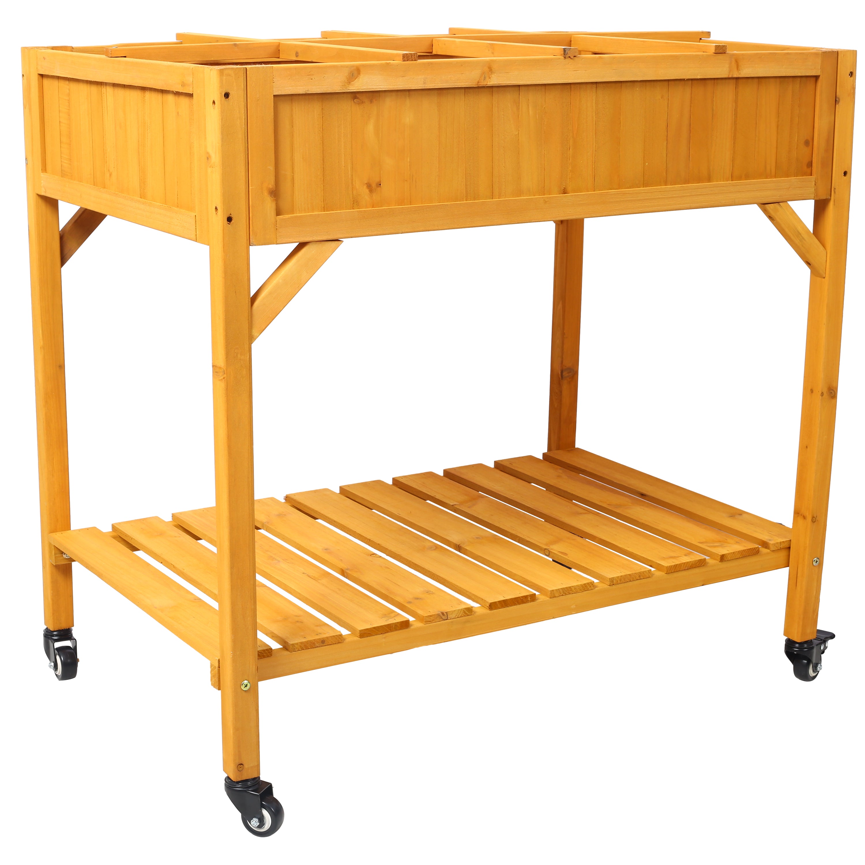Elevated 8 Pocket Herb Garden Bed – Mobile Wood Planter with Lockable Wheels & Storage Shelf