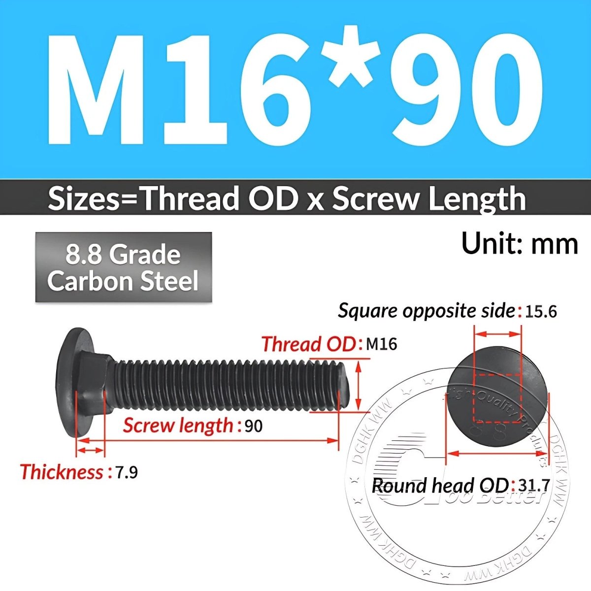 Black 8.8 Grade Steel Carriage Bolts | Cup Square Dome Head | M6–M24 - HomeDIYer