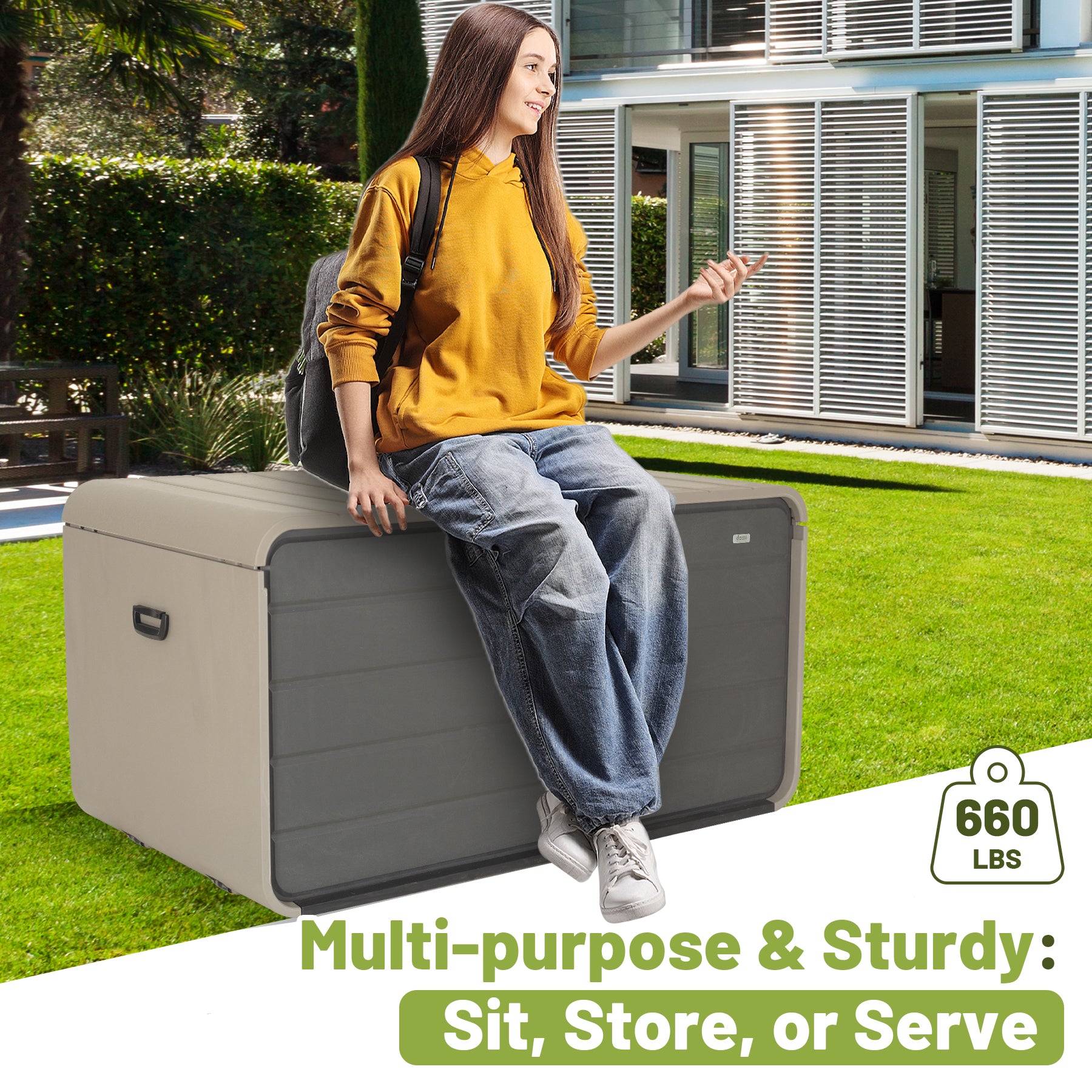 260 Gallon Plastic Deck Box — Extra‑Large Waterproof Outdoor Storage Bench with Wheels & Lock, Gray