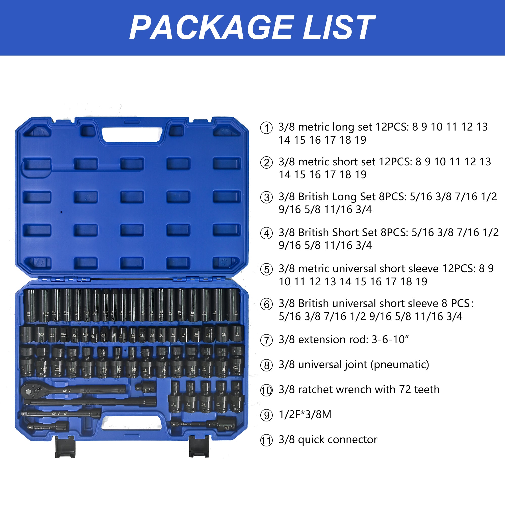 67‑Piece Air Tool & Accessories Kit — Long/Short Sockets, Extensions, Ratchet Wrenches, Quick Couplings, Black & Blue