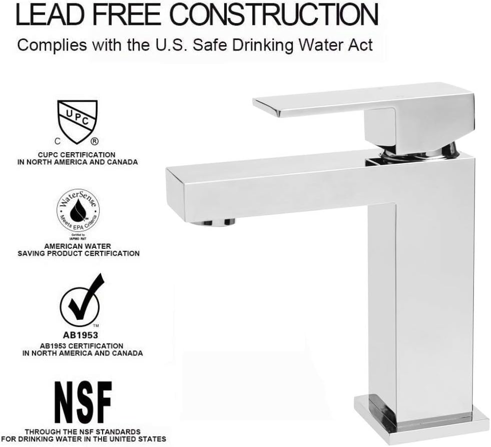 Modern Chrome Bathroom Faucet, Single Hole Bathroom Faucet, Solid Brass Chrome Polished Bathroom Sink Faucet, Single Handle Heavy Duty Square Basin Vanity Square Bathroom Faucet with Pop-up Drain