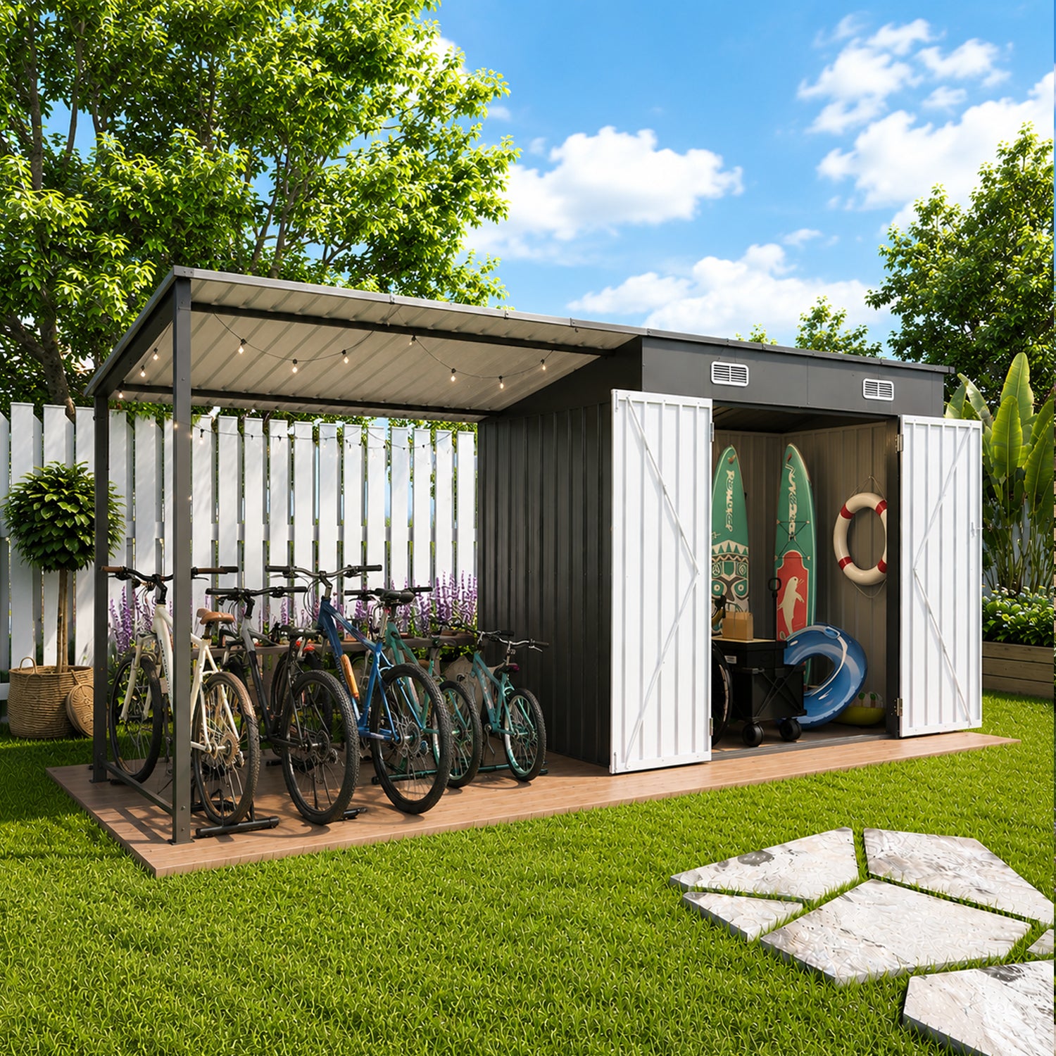 12x4 FT Metal Lean-To Shed & Hardtop Gazebo Combo, 30MPH Wind Rated, Gray