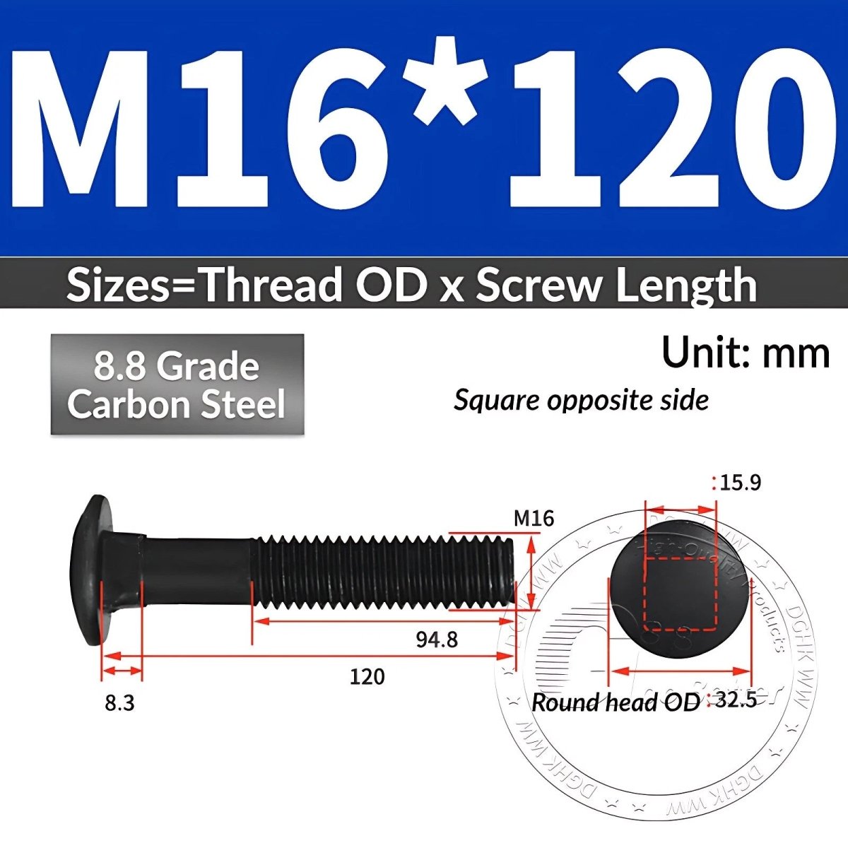 Black 8.8 Grade Steel Carriage Bolts | Cup Square Dome Head | M6–M24 - HomeDIYer