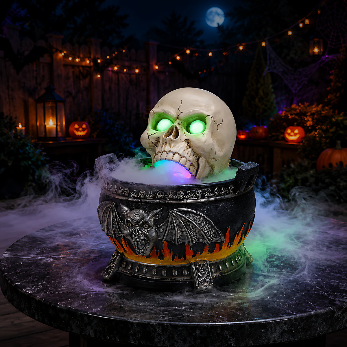 Halloween Skull Cauldron Statue with LED Lights & Mist, Resin