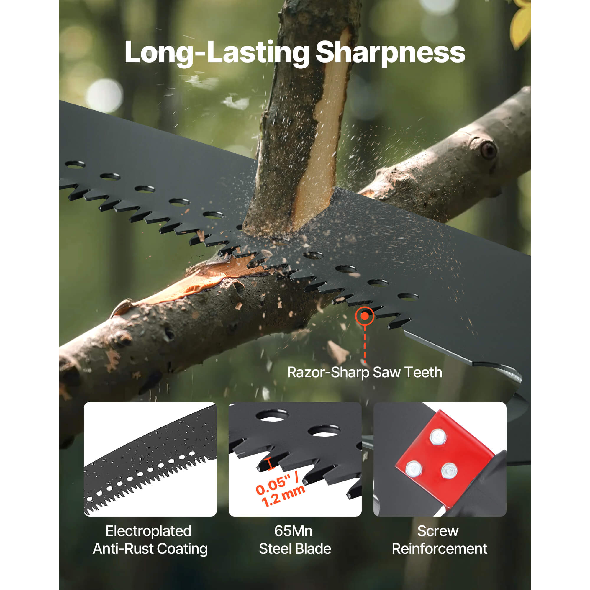 27 ft Manual Pole Saw – Extendable Tree Pruner with 65Mn Steel Blade & 8-Section Fiberglass Pole