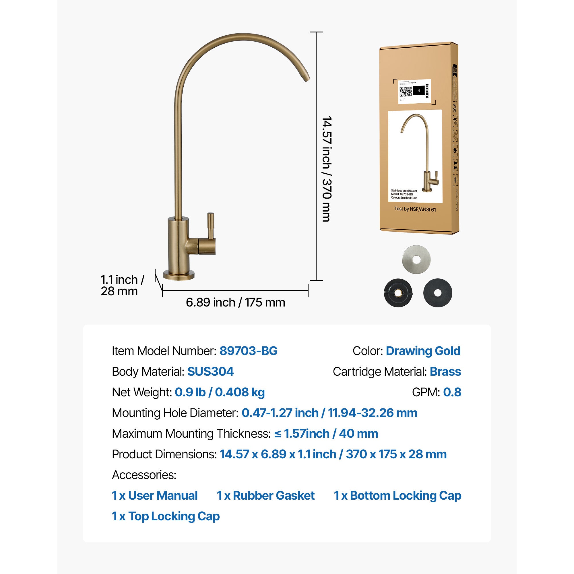 Stainless Steel Faucet, Lead-Free Water Purifier Faucet, Filter Water Faucets With Solid Brass Valve, Anti-Rust & Durability Ro Water Faucets For Kitchen, Bar Counter, Cafe Shop, Brushed Gold
