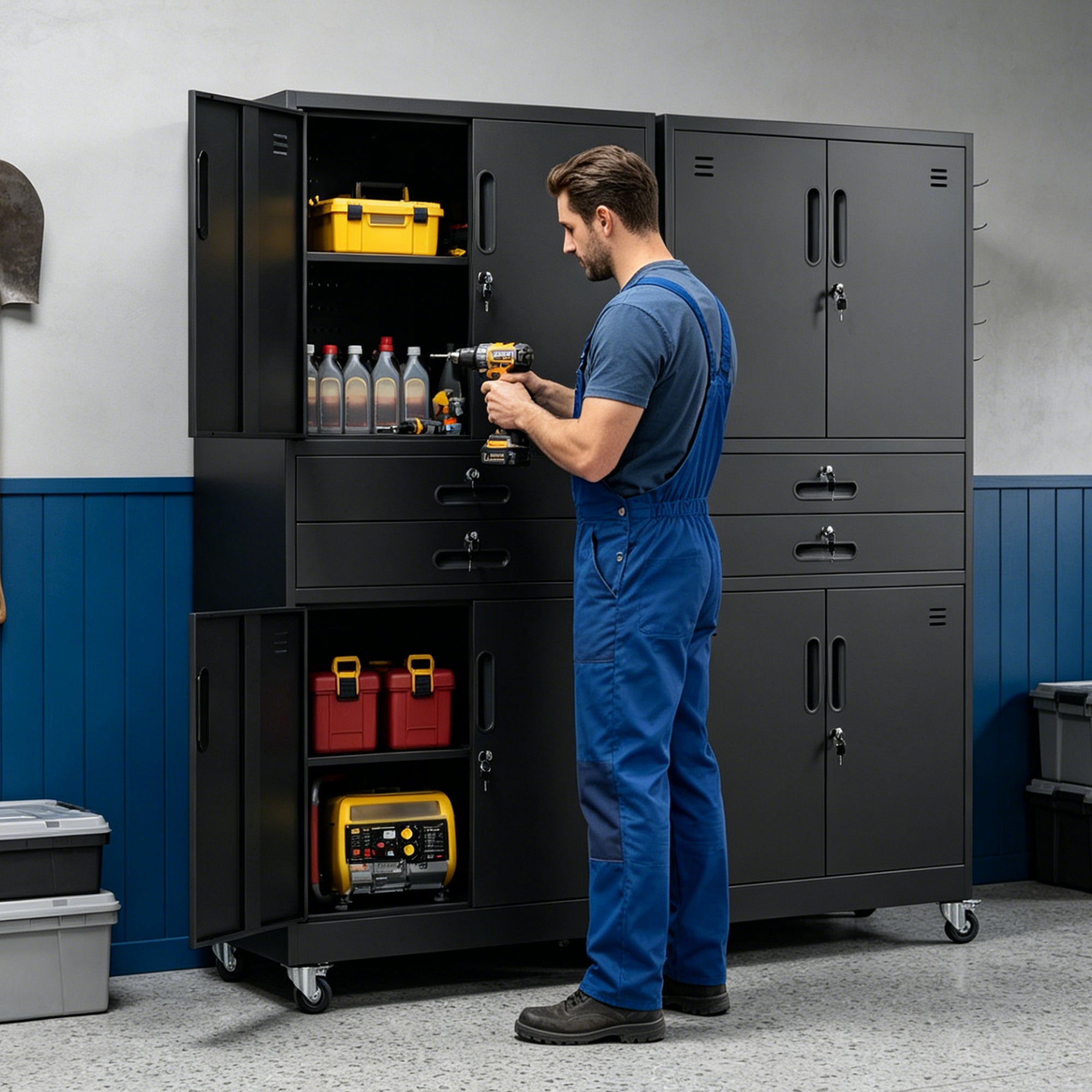 71" Metal Garage Storage Cabinet with Two Drawers, Pegboard Door, Locking Doors & Rolling Wheels, 720 lb Capacity
