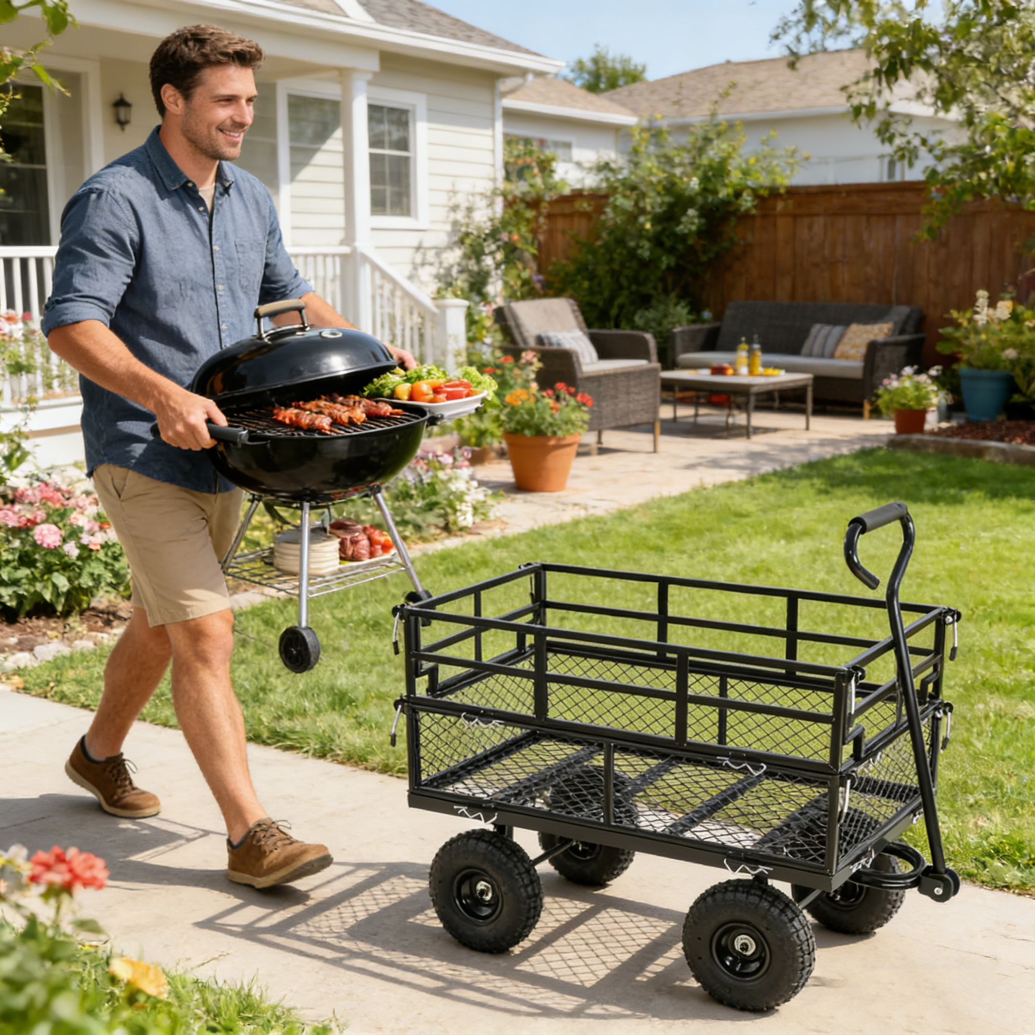(Black double fence utility cart) Wagon Cart Garden cart trucks make it easier to transport firewood