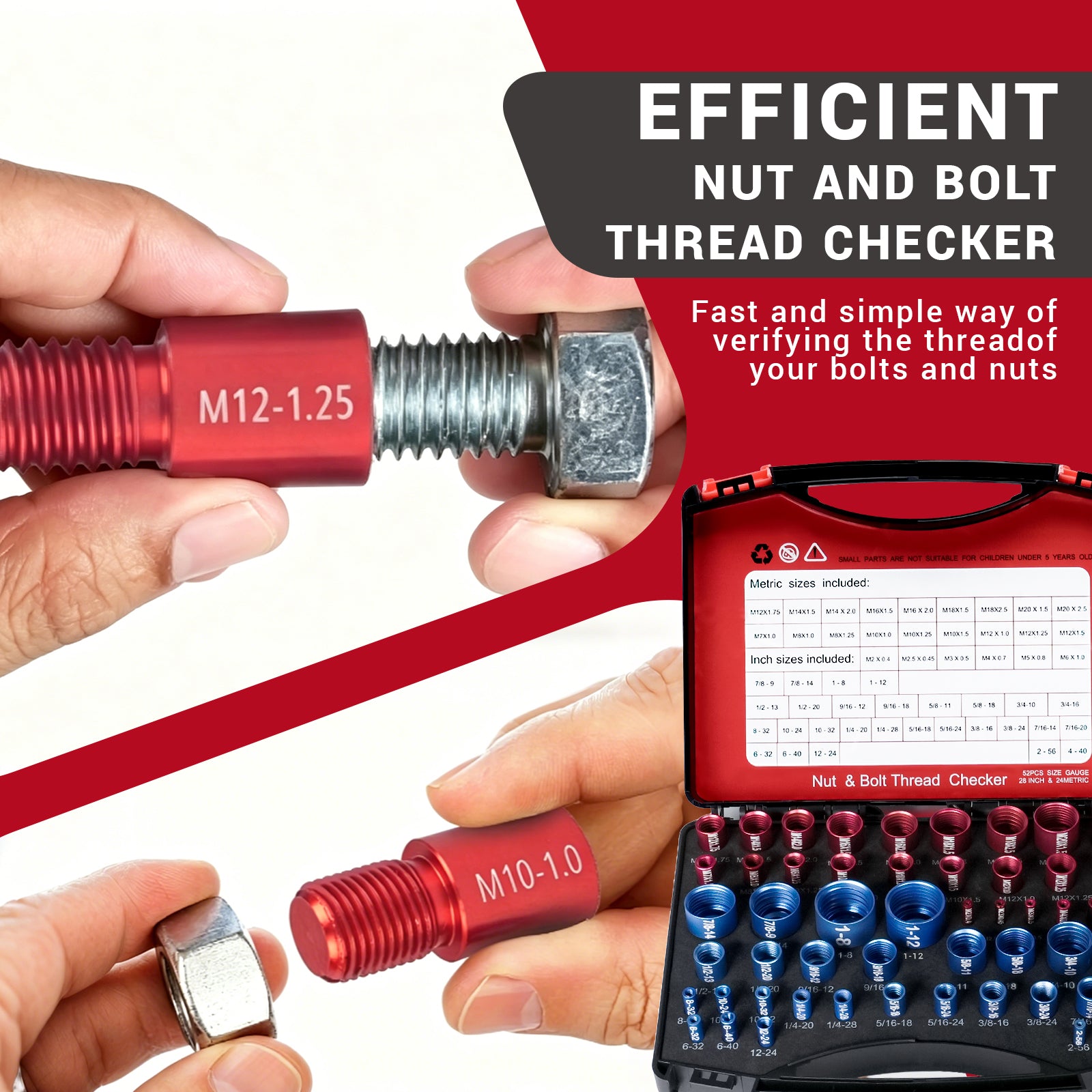 52-Piece Thread Checker Set — Standard & Metric Nut and Bolt Size Finder