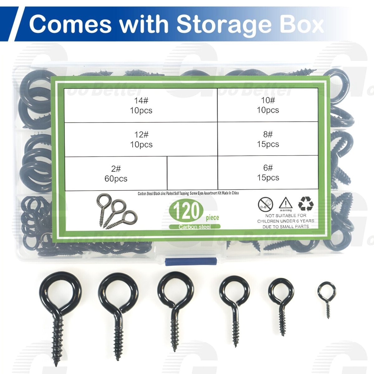 Black Metal Eye Screws 120PCS | Heavy Duty Screw Eye Hooks & Rings Assortment - HomeDIYer