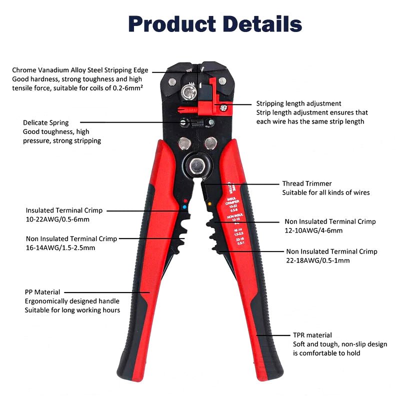 8'' Self - Adjusting Wire Insulation Stripper Red Cutter Crimper Stripping Tools - HomeDIYer