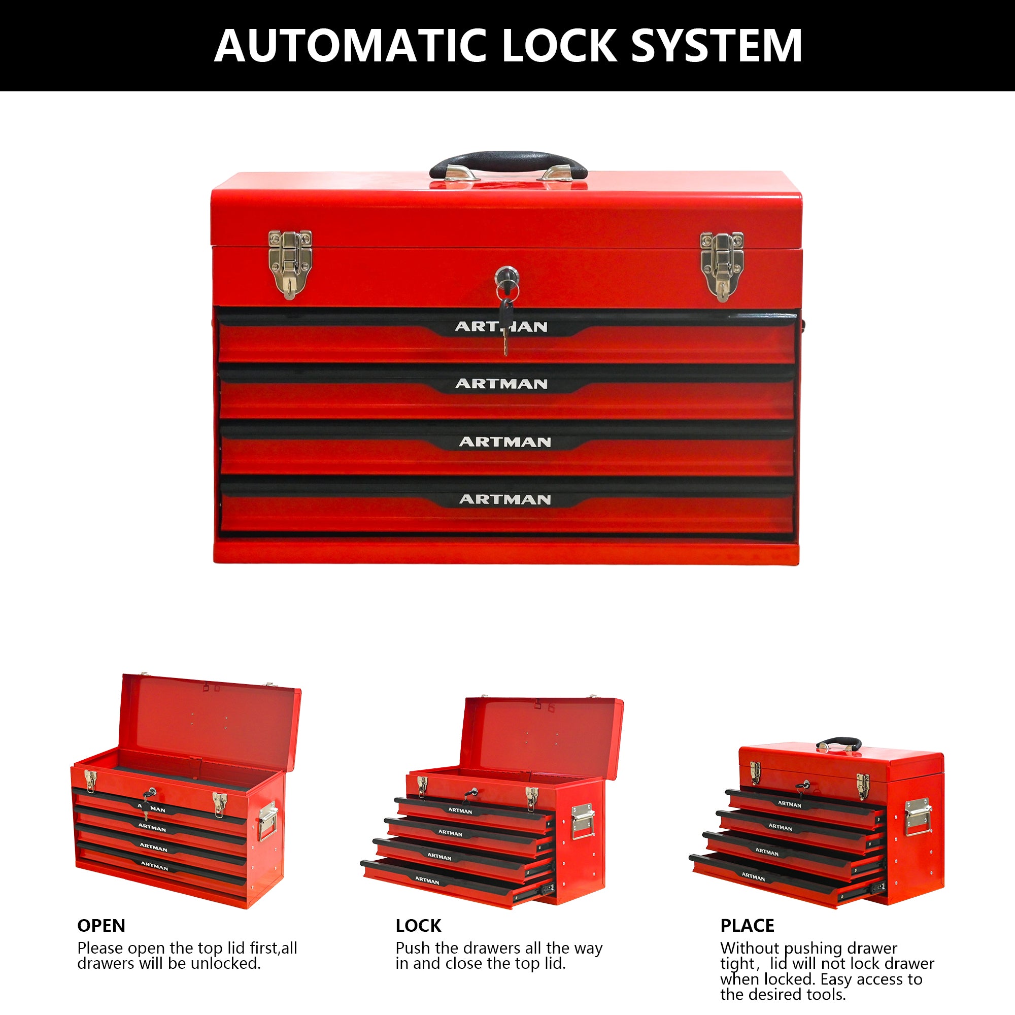 20-inch Steel Tool Box with Drawers – Red Portable Tool Storage Organizer