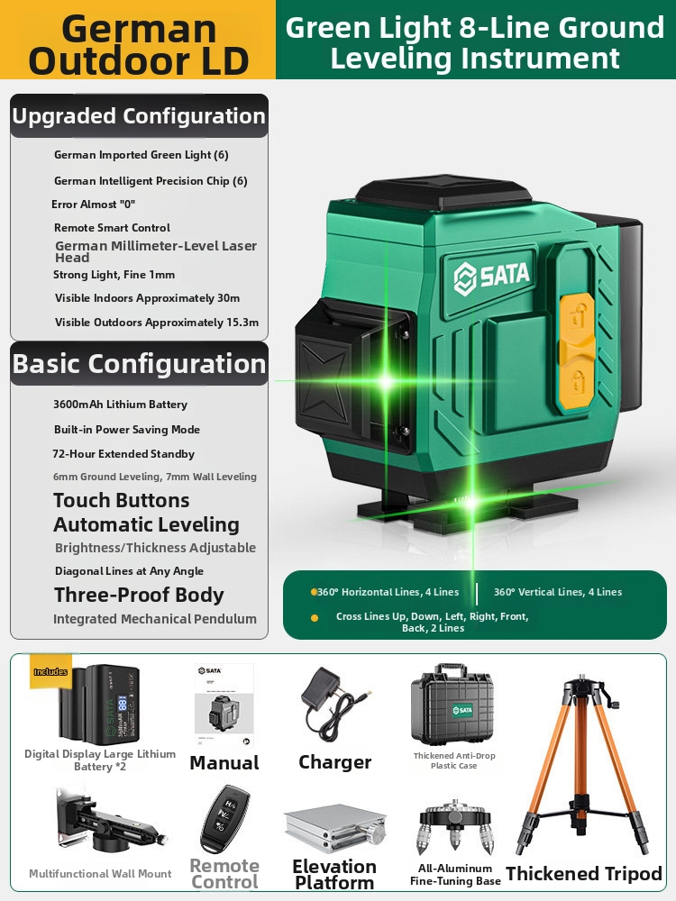 Professional Laser Level Kit – 12/16 Line Green & Blue Beam Self-Leveling with Dual Battery & Tripod