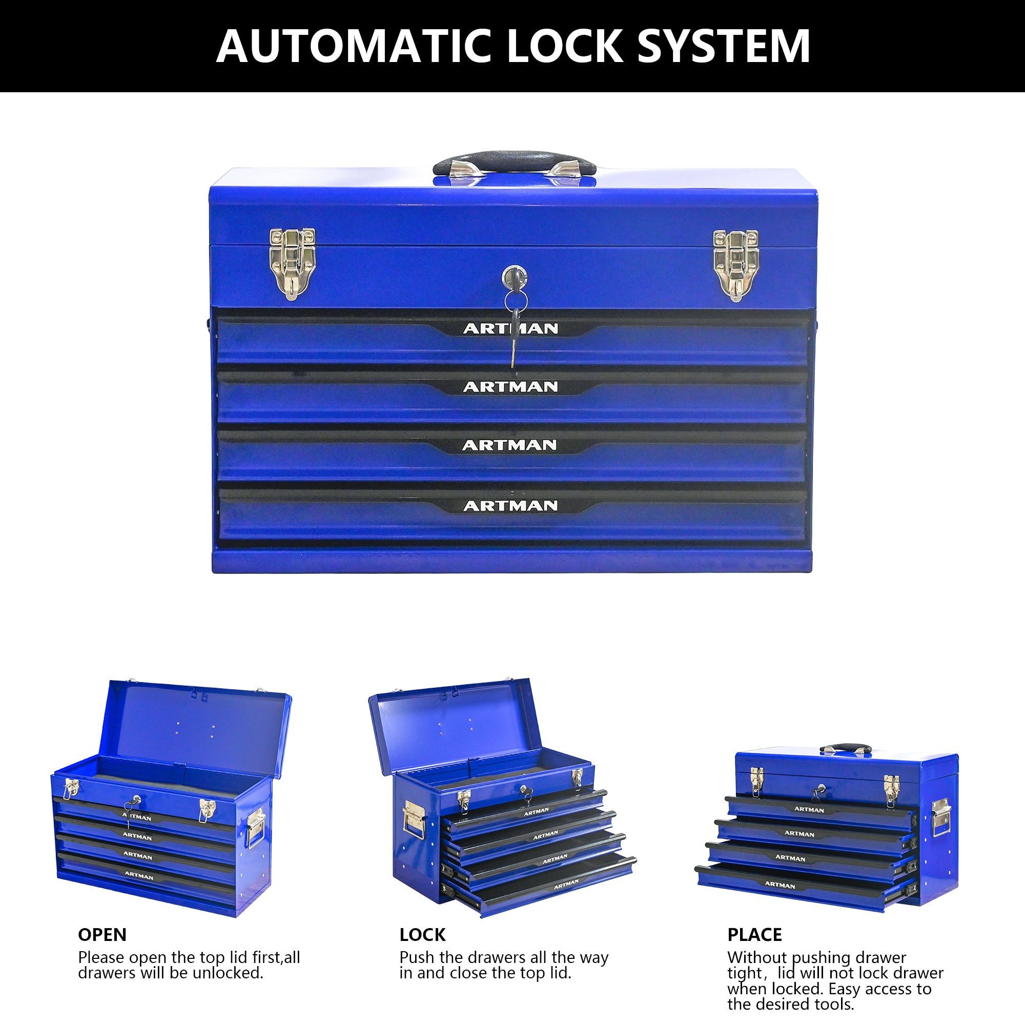 20-inch Steel Tool Box with Drawers – Blue Portable Tool Storage Organizer