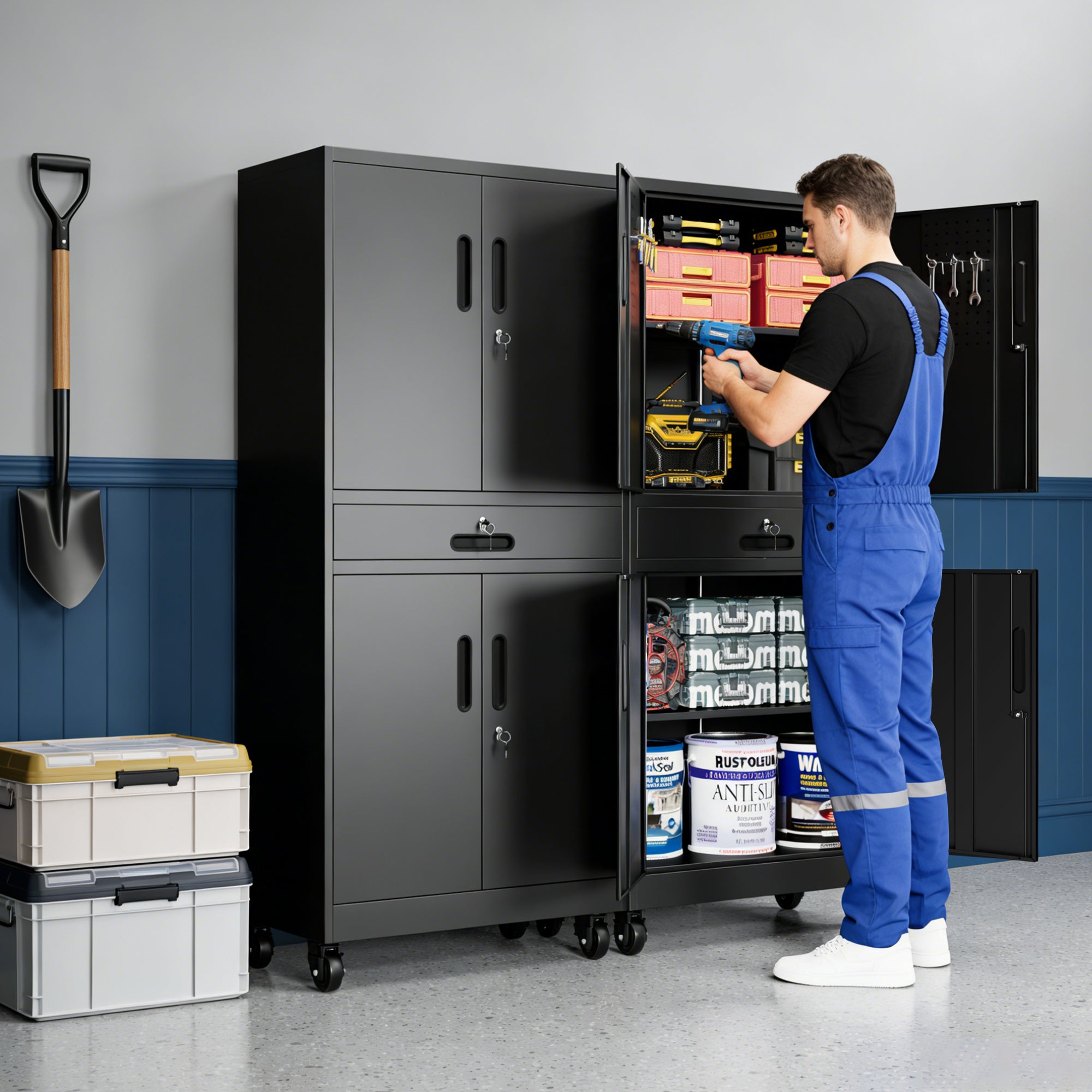 71" Metal Garage Storage Cabinet with Drawer, Pegboard Door, Locking Doors & Rolling Wheels, 720 lb Capacity