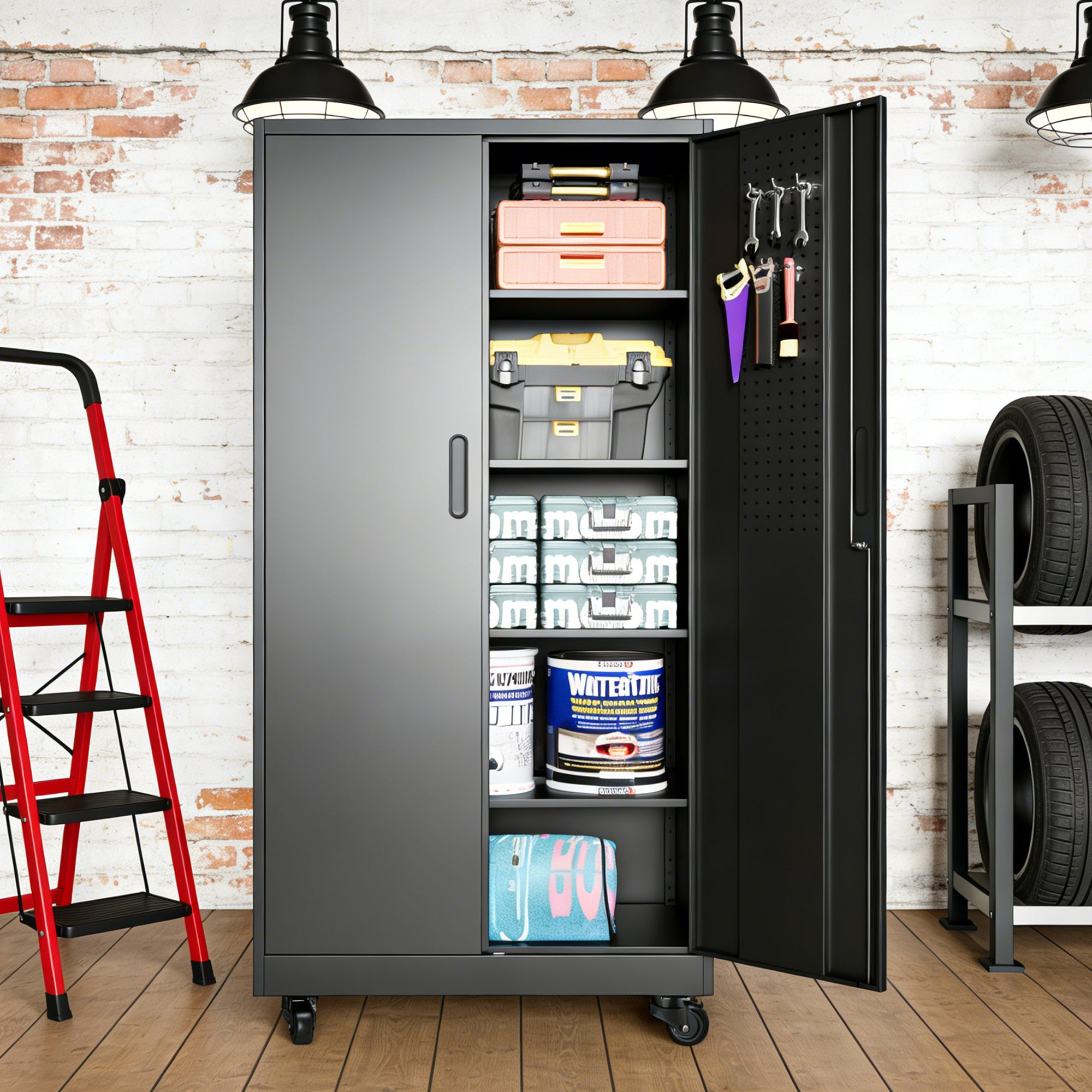 71" Lockable Metal Garage Storage Cabinet with Pegboard Doors & Wheels, 4 Adjustable Shelves, 900 lb Capacity