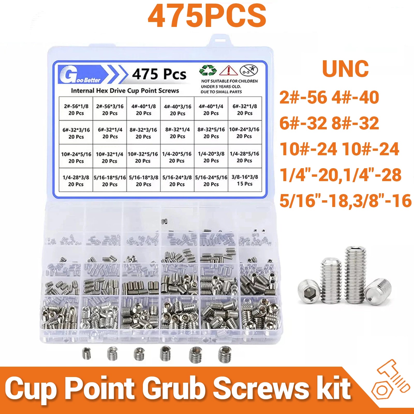 475Pcs UNC Cup Point Grub Screws Assortment Stainless Steel Hex Socket Set Screw - HomeDIYer
