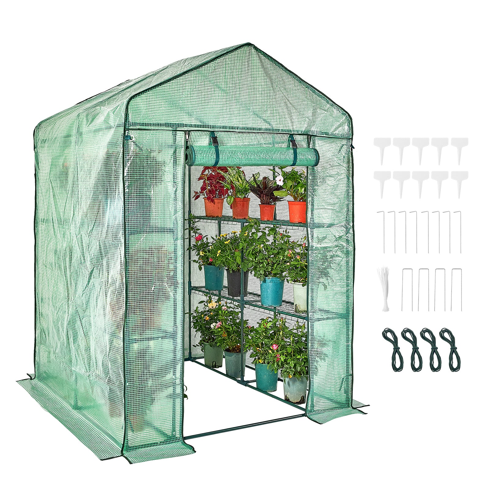 4.6ft x 4.6ft x 6.6ft Walk‑In Greenhouse with 4 Shelves — High‑Strength PE Cover Roll‑Up Door & Steel Frame Green