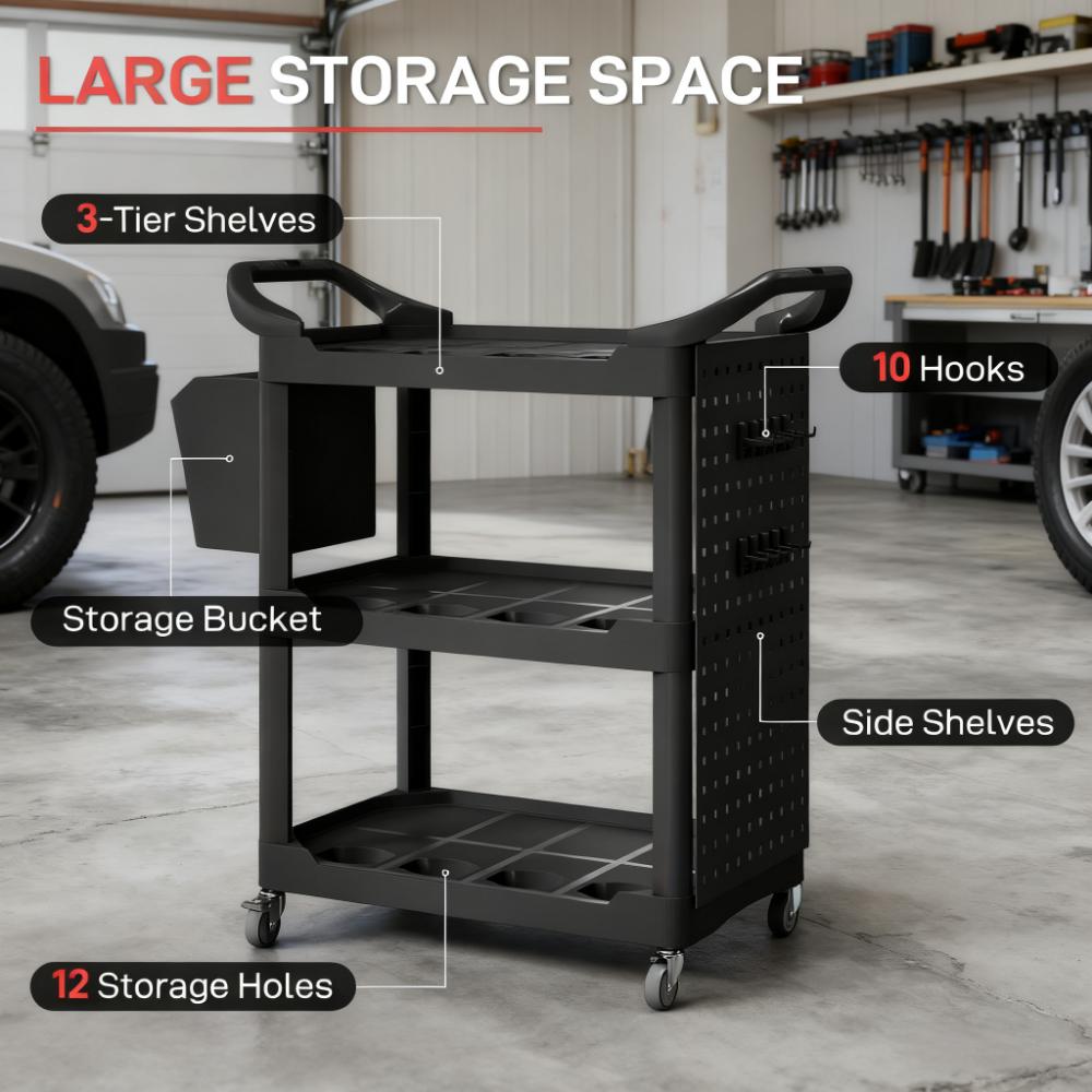Capacity Plastic Utility Cart with Side Shelf and Storage Bucket,3-Tier Rolling Tool Cart