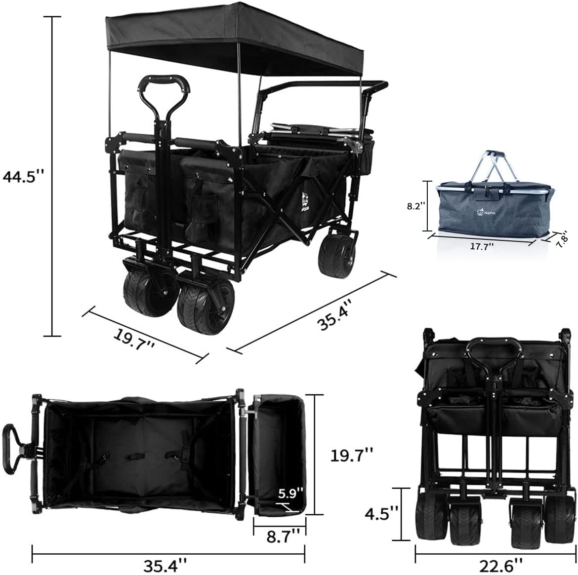 Collapsible Wagon 140L Wagons Carts Foldable with Removable Canopy, Folding Wagon Cart with Wheels for All-Terrain with Brake, Foldable Wagon with Cooler Bag, for Camping Beach Shopping