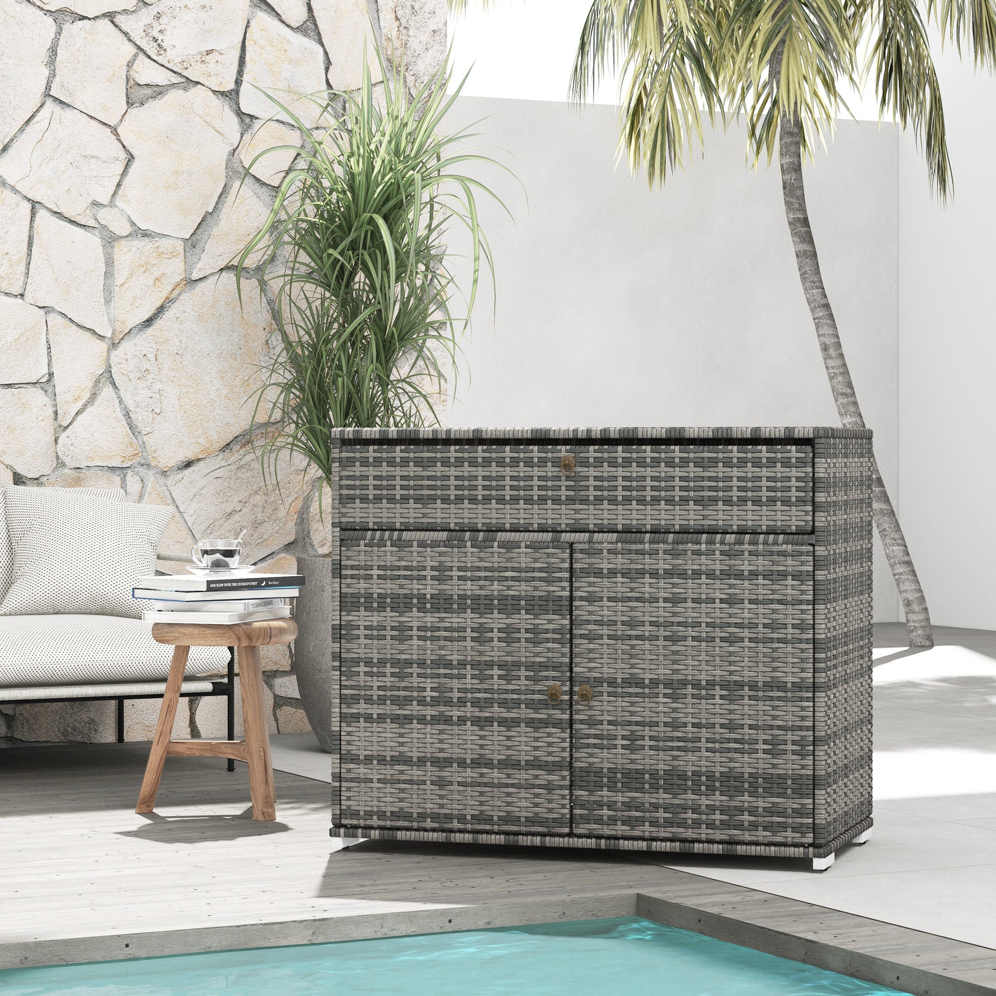 Outsunny Outdoor Towel Rack & Pool Toy Cabinet, Hot Tub Accessory Storage, Freestanding PE Rattan Wicker Cabinet with Drawer for Indoor, Outdoor Swimming Pool, Spa, Gray