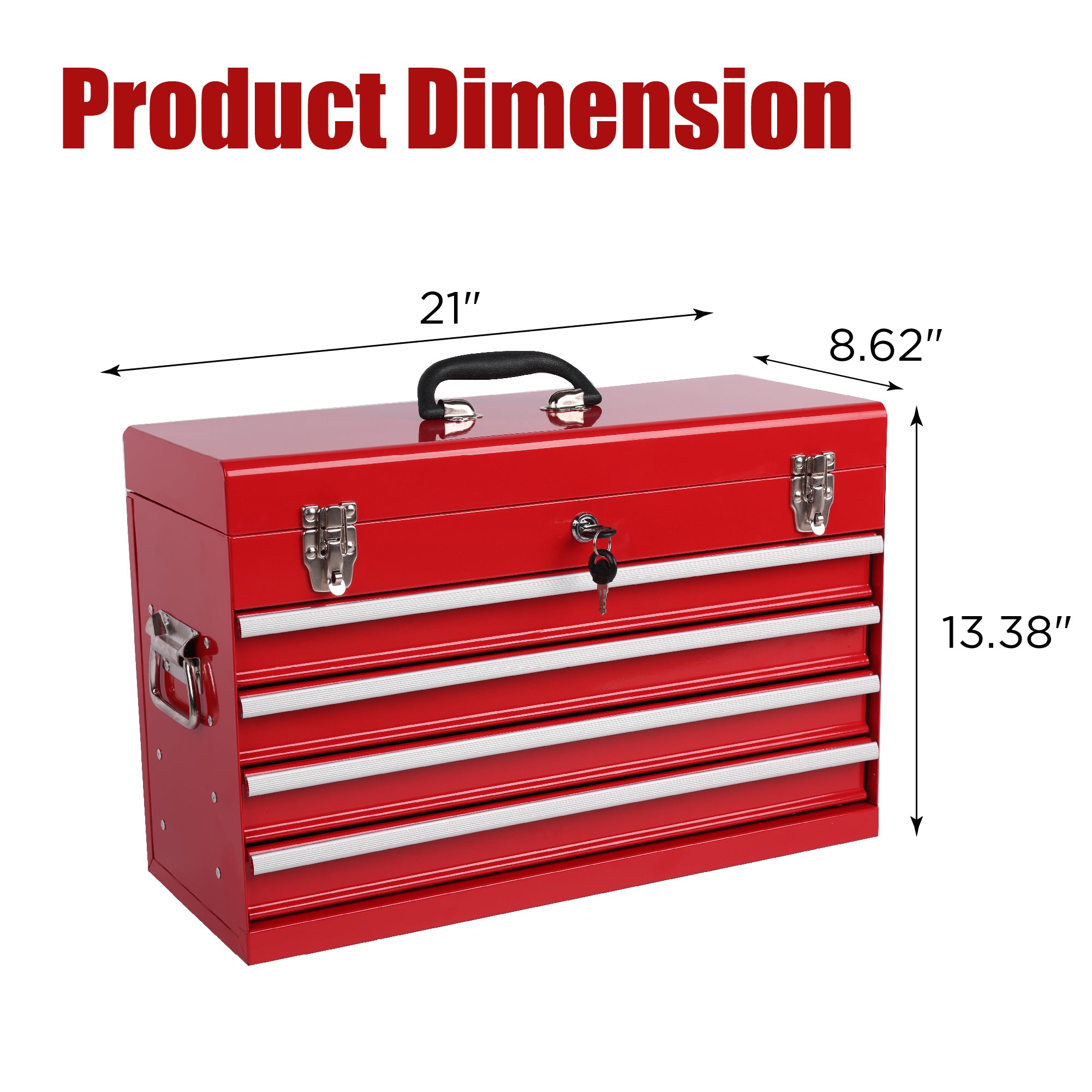 21" Heavy-Duty Red Steel Tool Box | 4 Smooth-Glide Drawers