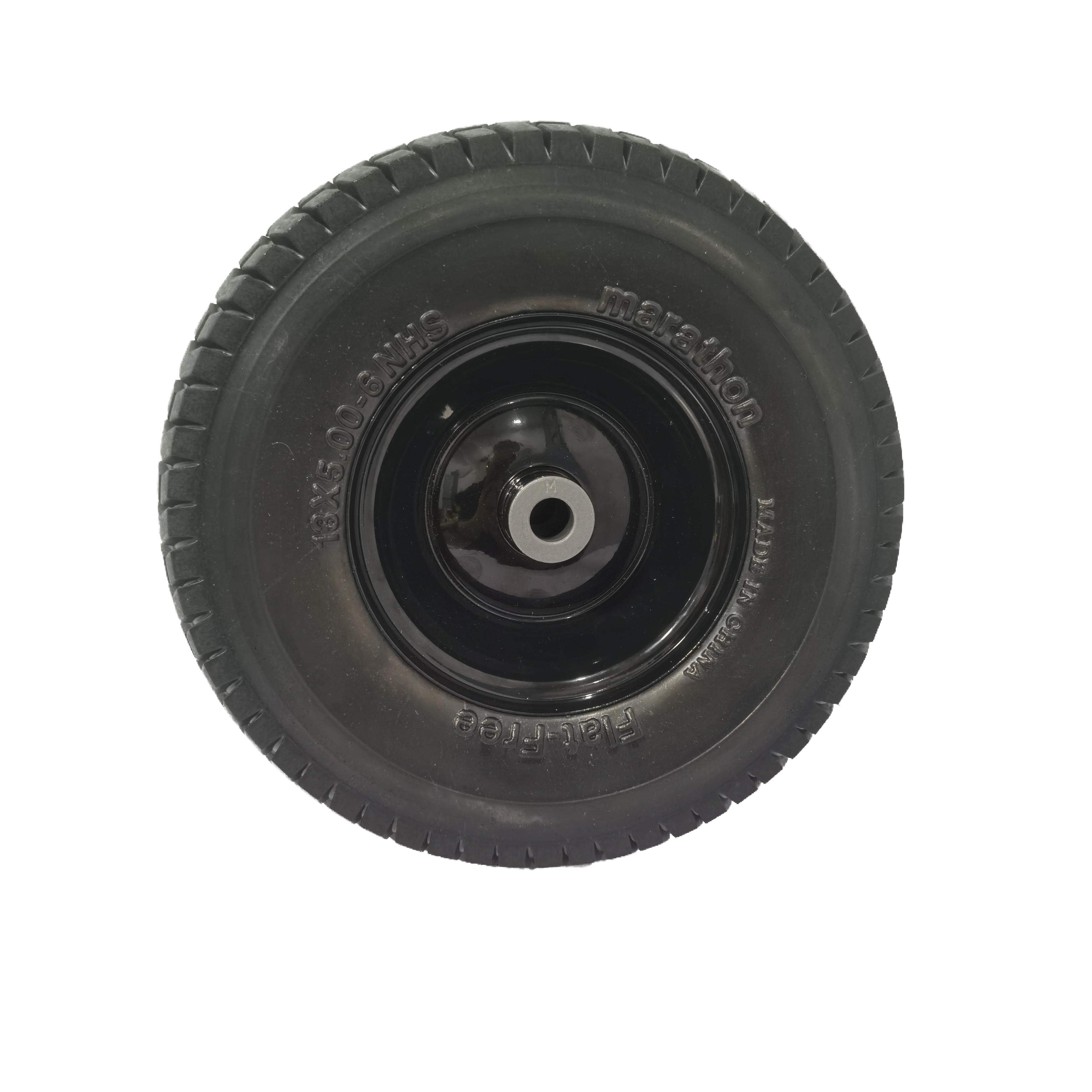 (4-Pack) 13x5.00-6 Flat Free Tire and Wheel Assemblies – Solid Rubber, 3" Centered Hub, 3/4" Bushings, 440 lb Capacity