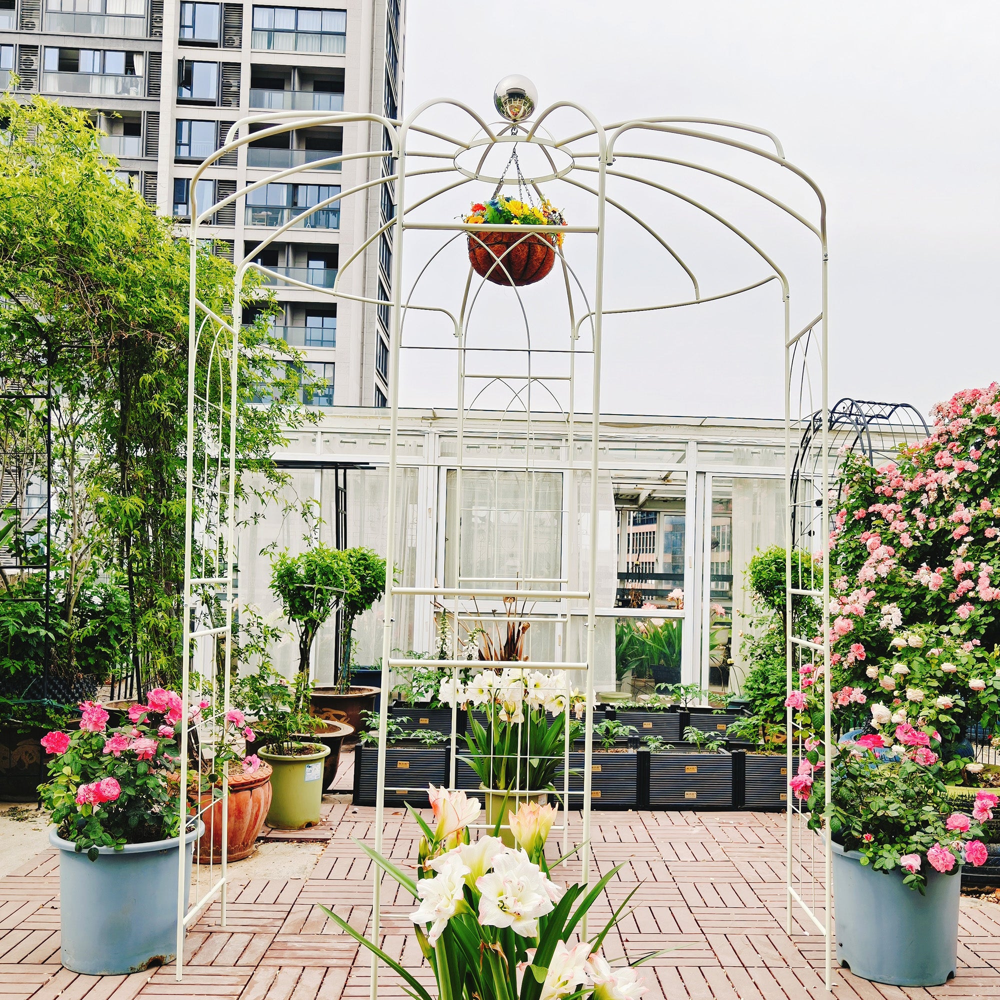 Metal Garden Arch Iron Garden Arbors Gazebo Dia 81.3'' x 114.2'' High Birdcage Shape Pergola Pavilion for Wedding Ceremony Cream White