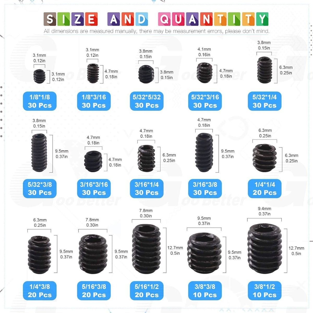 370pcs Black Allen Head Socket Hex Grub Screw Set Screw Assortment Kit Allen Key - HomeDIYer