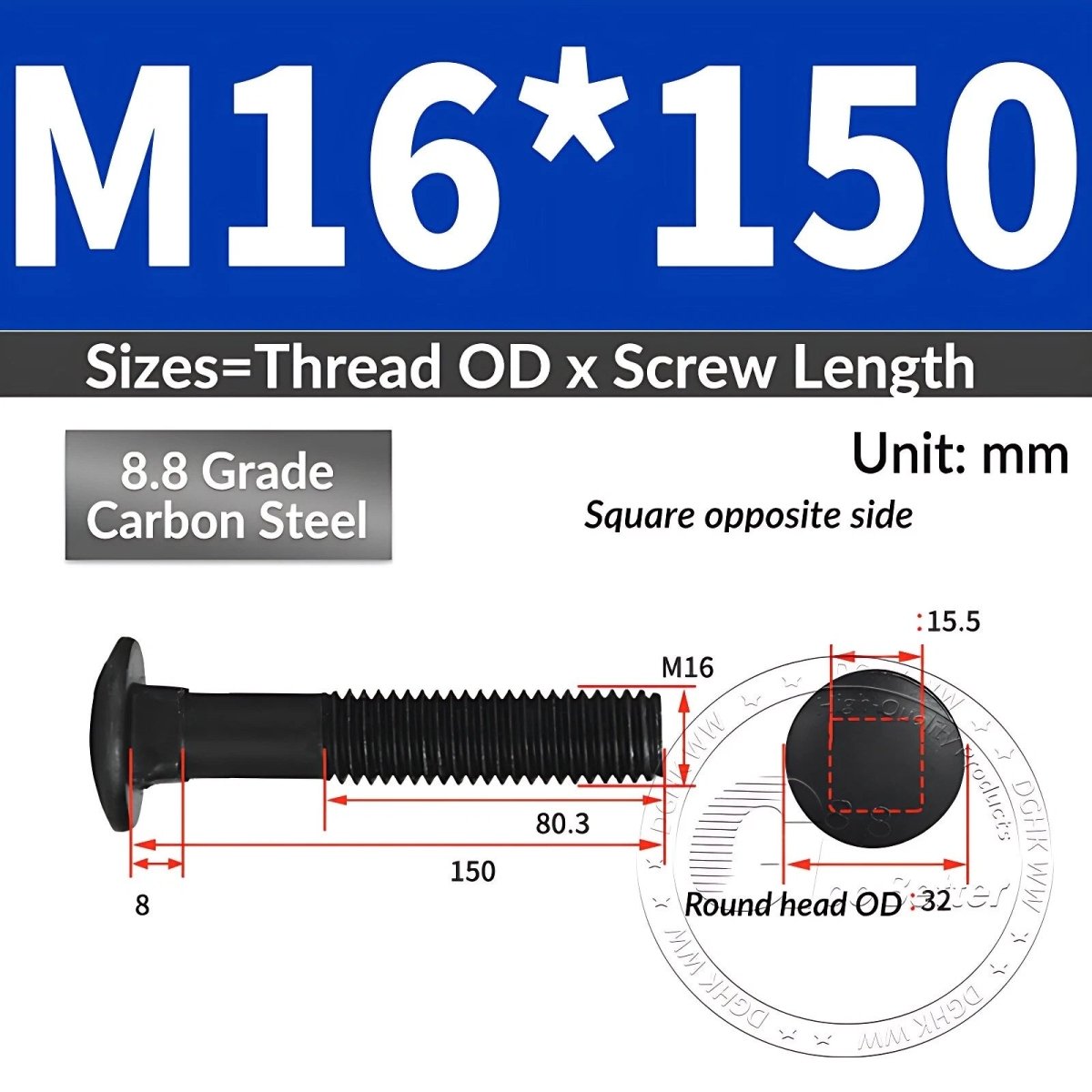 Black 8.8 Grade Steel Carriage Bolts | Cup Square Dome Head | M6–M24 - HomeDIYer