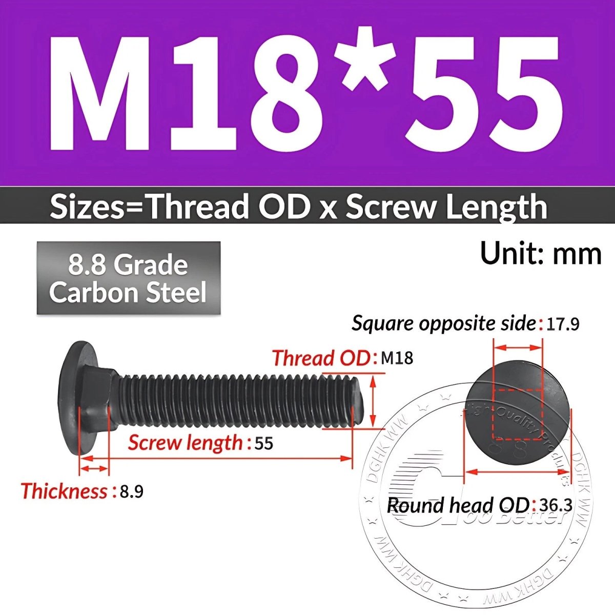 Black 8.8 Grade Steel Carriage Bolts | Cup Square Dome Head | M6–M24 - HomeDIYer
