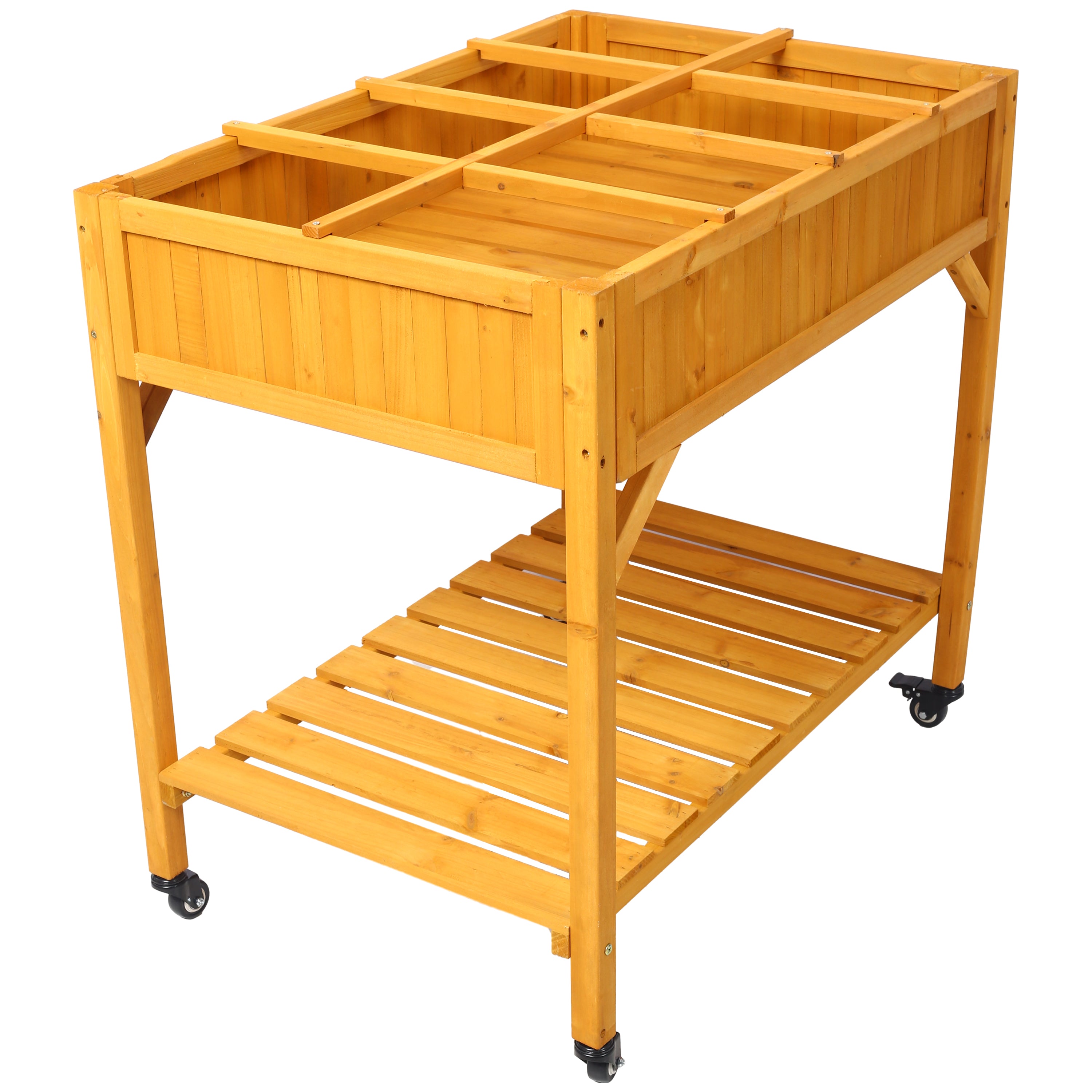 Elevated 8 Pocket Herb Garden Bed – Mobile Wood Planter with Lockable Wheels & Storage Shelf