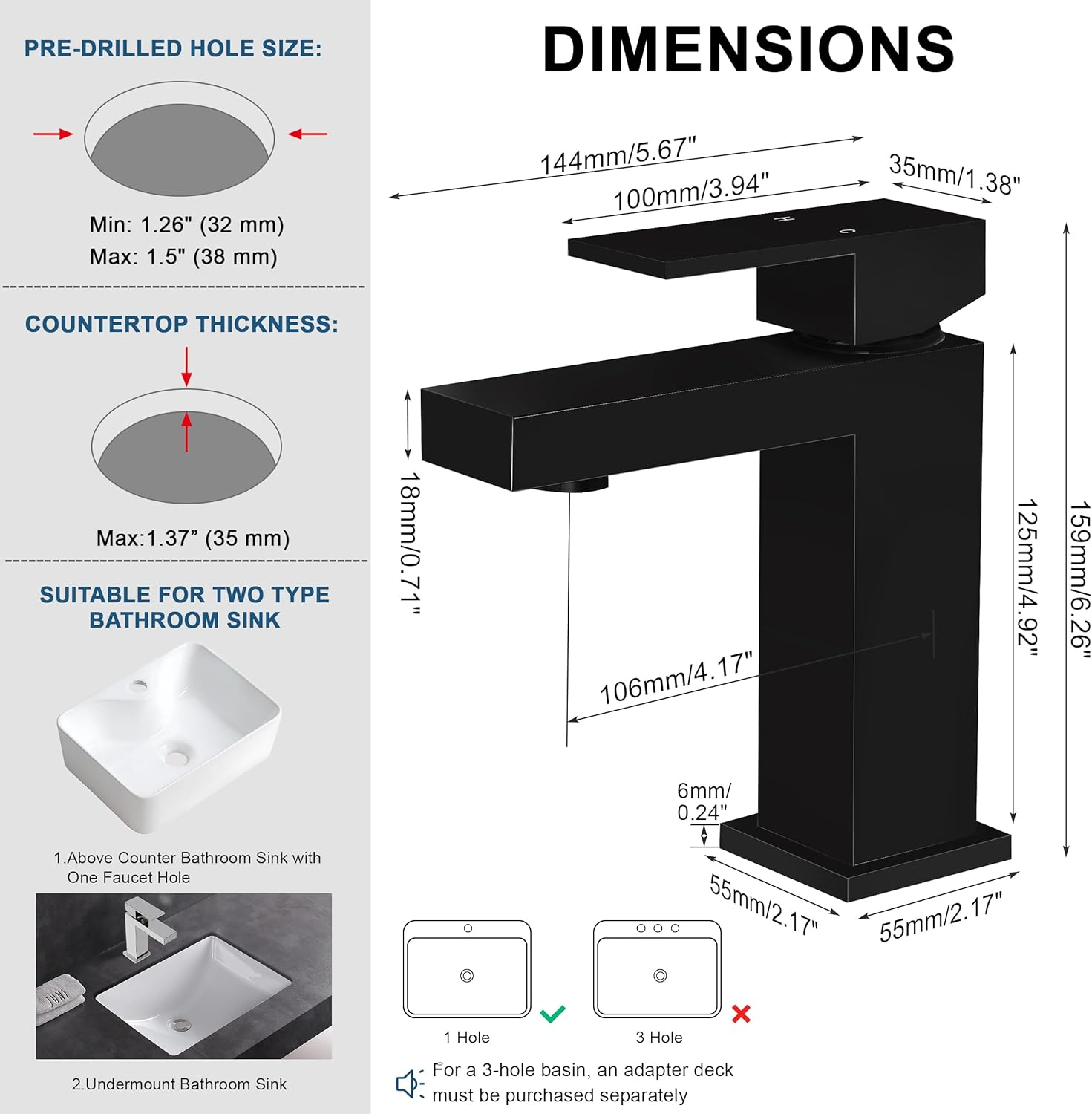 Single Handle Bathroom Faucet, Matte Black Single Hole Bathroom Faucet, Solid Brass Modern Bathroom Sink Faucet Basin Vanity Square Bathroom Faucet with Pop-up Drain & Water Supply Hoses