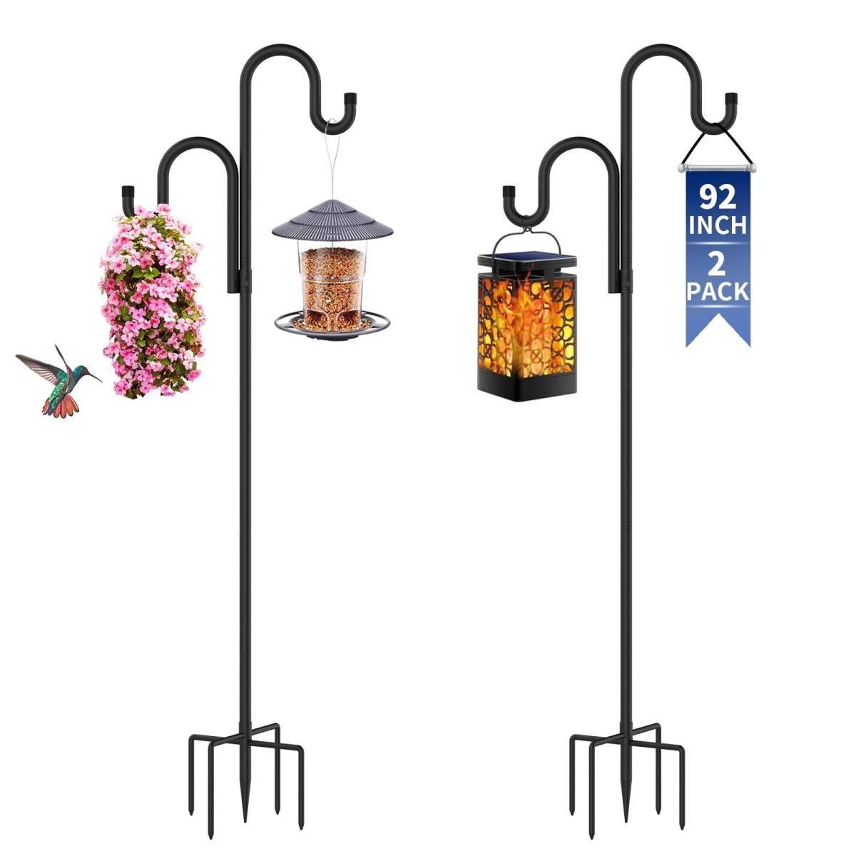 Double Shepherds Hooks for Outdoor, Bird Feeder Pole with 5 Prongs Base, Heavy Duty Garden Hook for Lantern, Wind Chime and Hummingbird Feeder, 45/62/76/92 Inch, 2 Pack - HomeDIYer